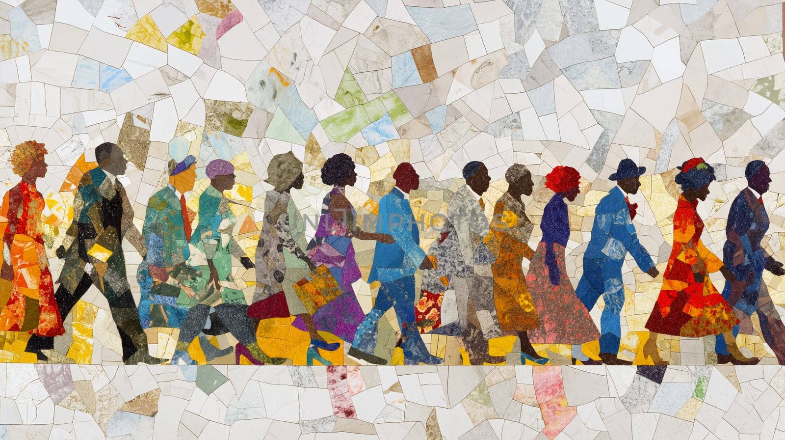 The artwork features a colorful portrayal of individuals from various backgrounds walking in harmony, emphasizing community spirit and diversity in their attire - Generative AI
