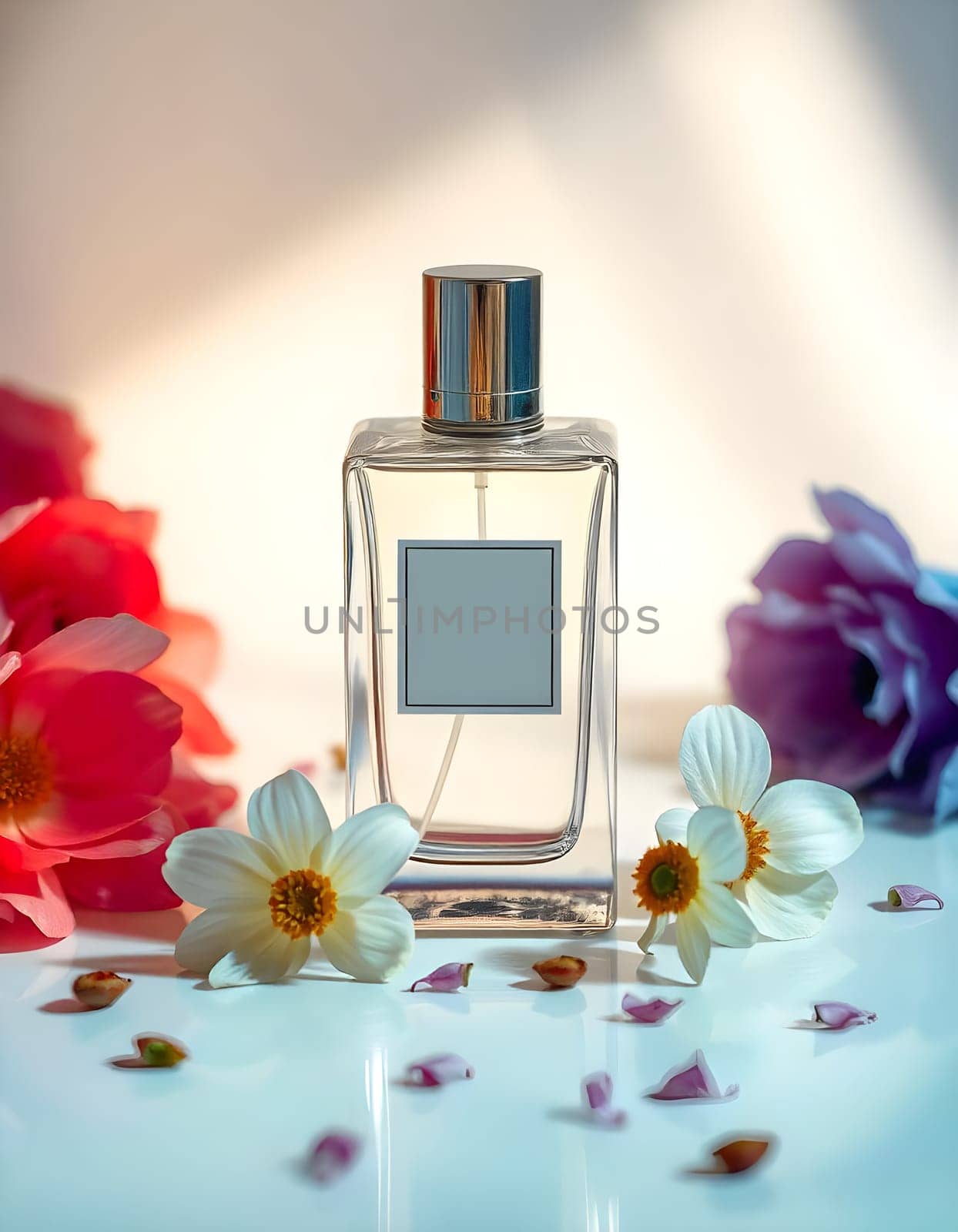 Elegant glass perfume bottle with blank label, ideal for showcasing a brand's unique fragrance