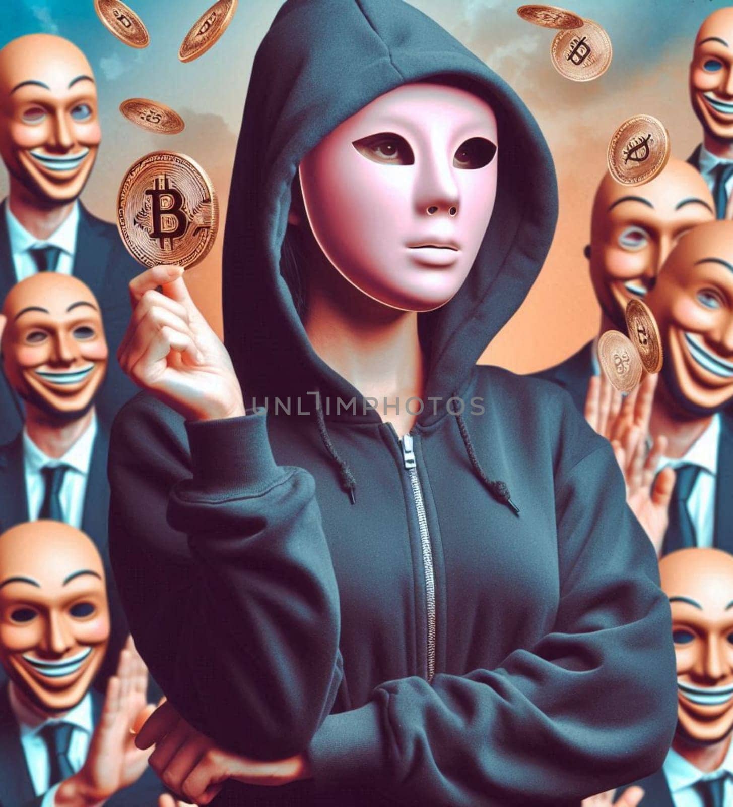 A man in a mask holding a Bitcoin coin. The man is surrounded by other people in masks
