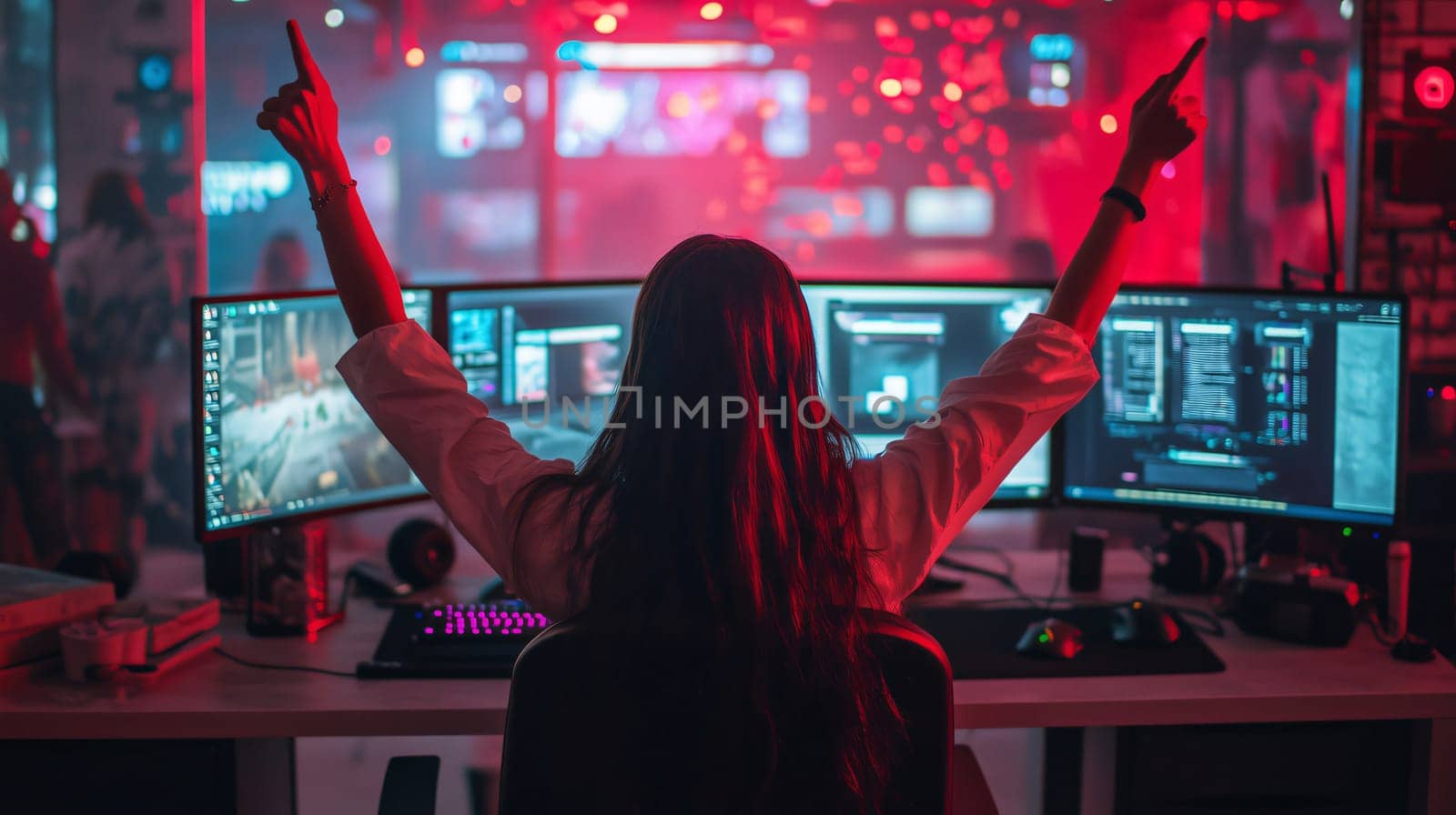 Professional female gamer celebrating victory raising hands after an esports tournament in a gaming club