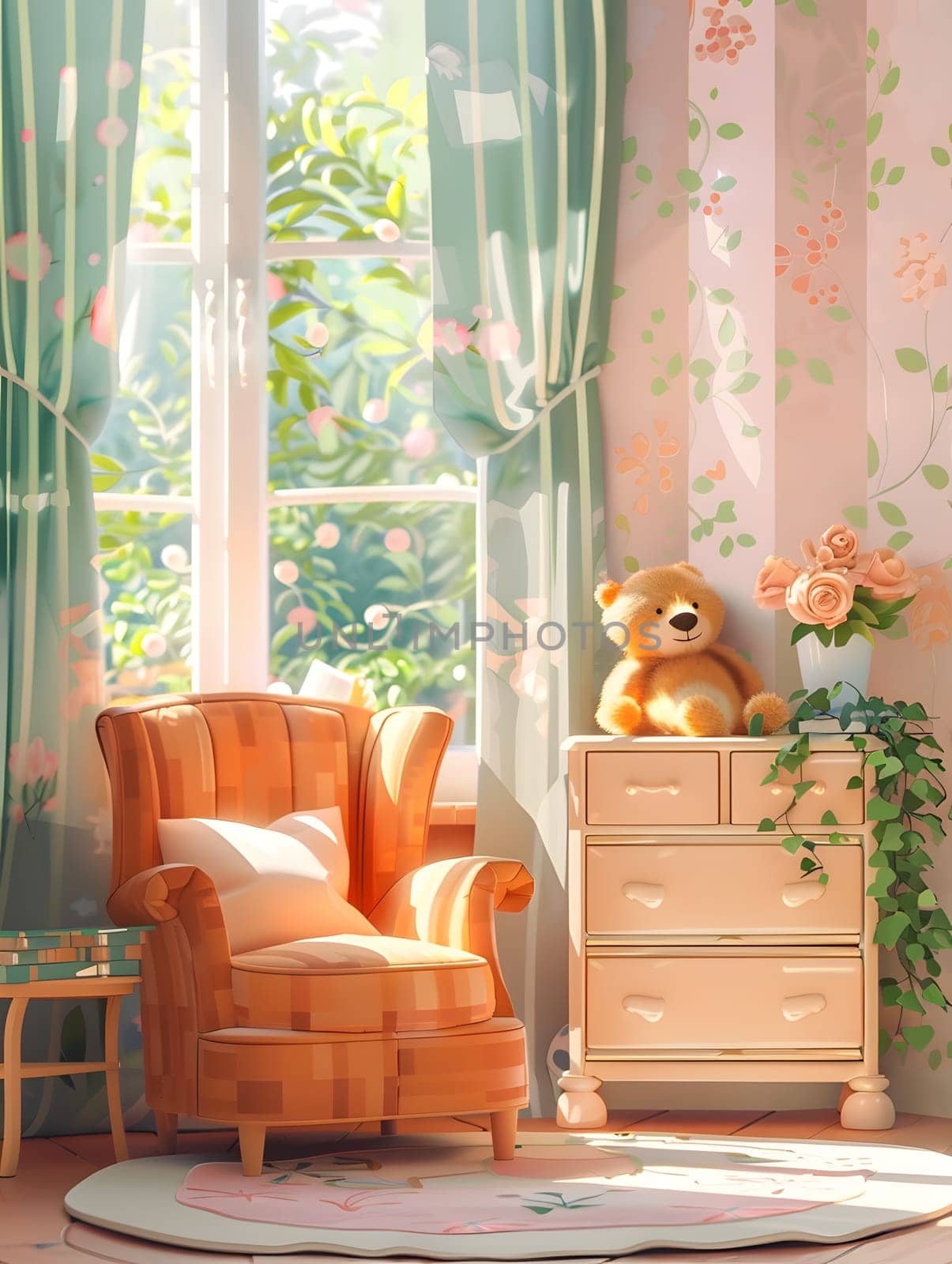 Comfortable nursery with cozy chair, teddy bear, plants, and natural light