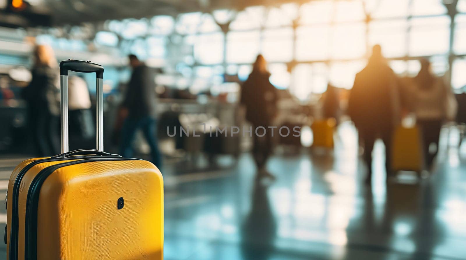 Yellow suitcase is standing in a busy airport terminal with blurred travelers in the background