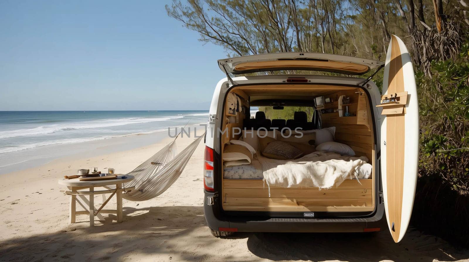 Cosy van life setup with surfboard leaning on a van parked on a beach with a hammock set up nearby