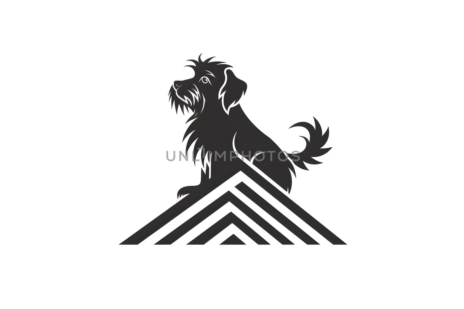 Stylized dog silhouette sitting on geometric mountain peak illustration.