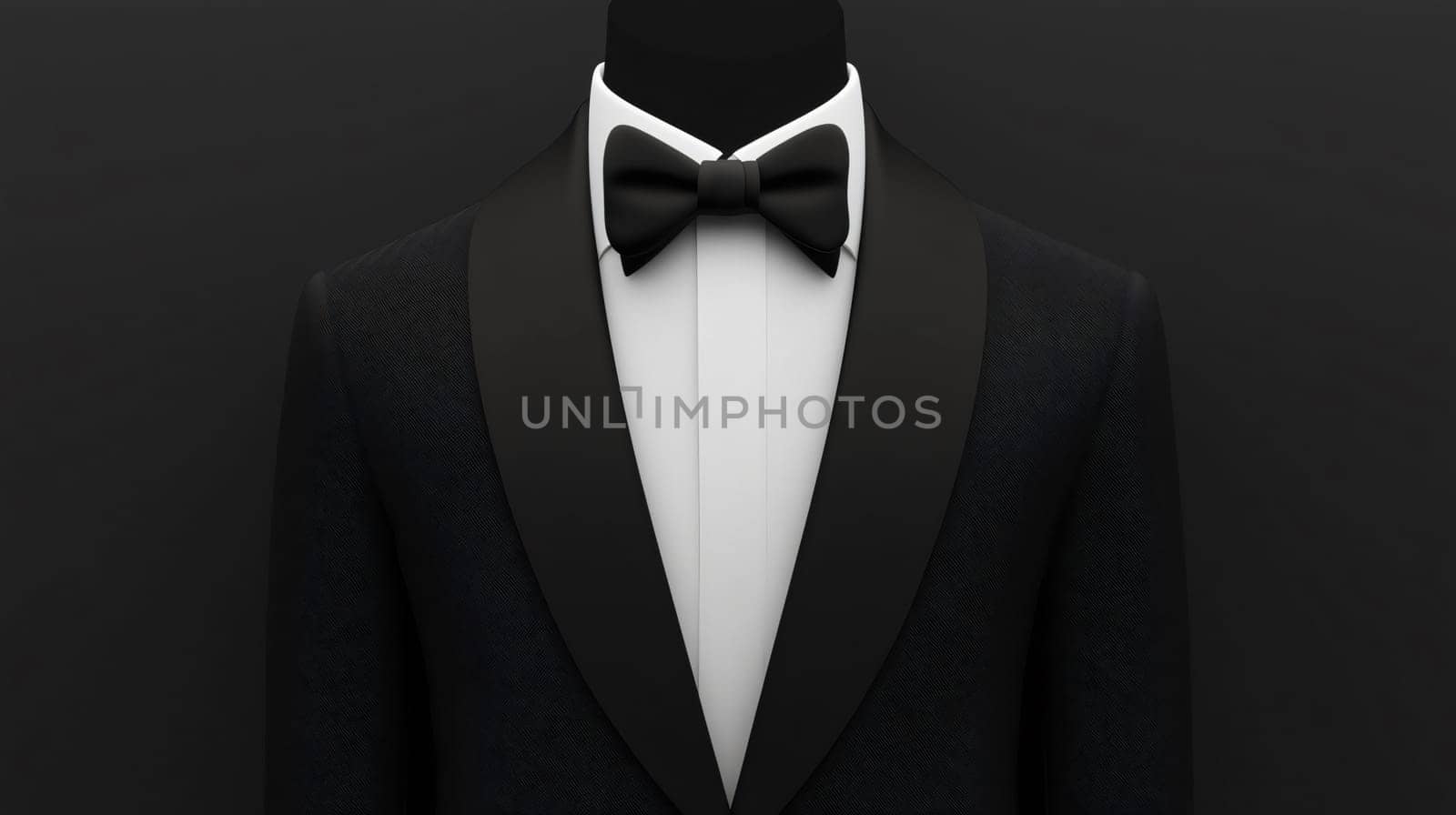 Black suit with bow tie is laying against a dark background representing a formal event