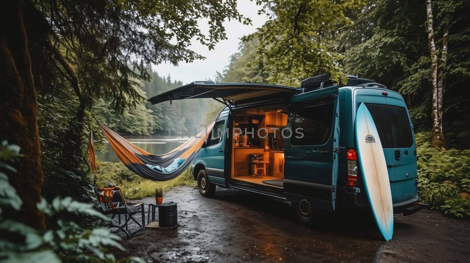Camper van is parked near a lake in a forest, with a hammock and surfboard nearby