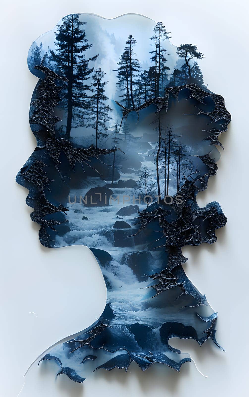 A stunning painting featuring a womans head surrounded by trees and a river in the background. The electric blue liquid of the water contrasts beautifully with the green plants and rocks