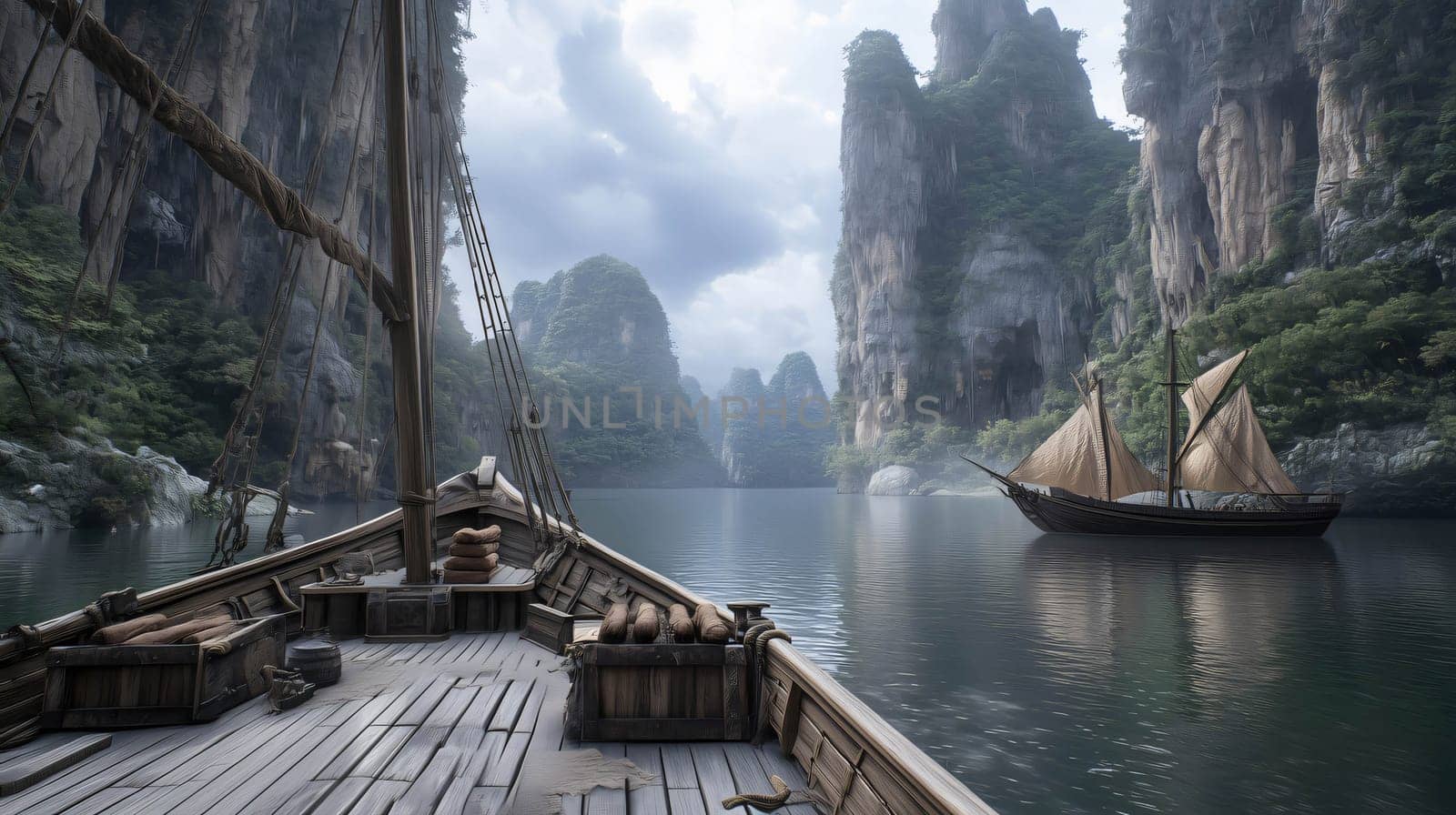 Vintage merchant vessel is navigating on a river flowing between high cliffs covered by vegetation
