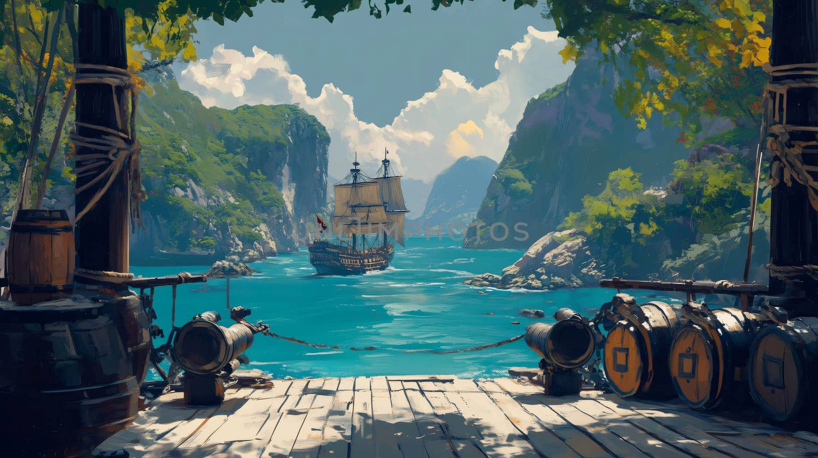 Pirate ship is sailing on a turquoise sea between green cliffs towards the camera