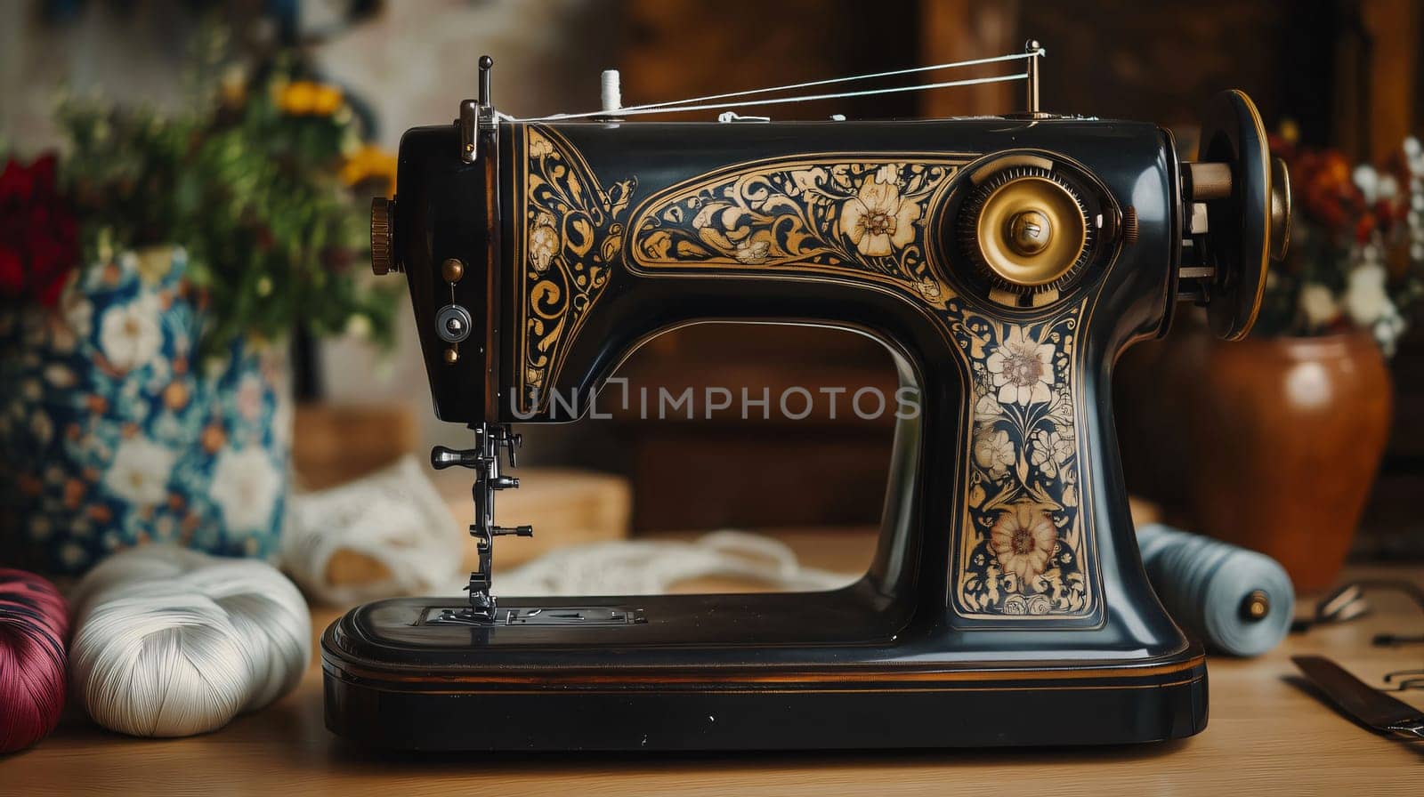 Ornate vintage sewing machine standing on a wooden table in an old-fashioned sewing workshop