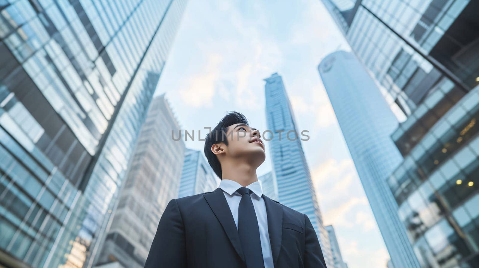 Young businessman is looking up at the sky with a thoughtful expression on his face, surrounded by tall buildings