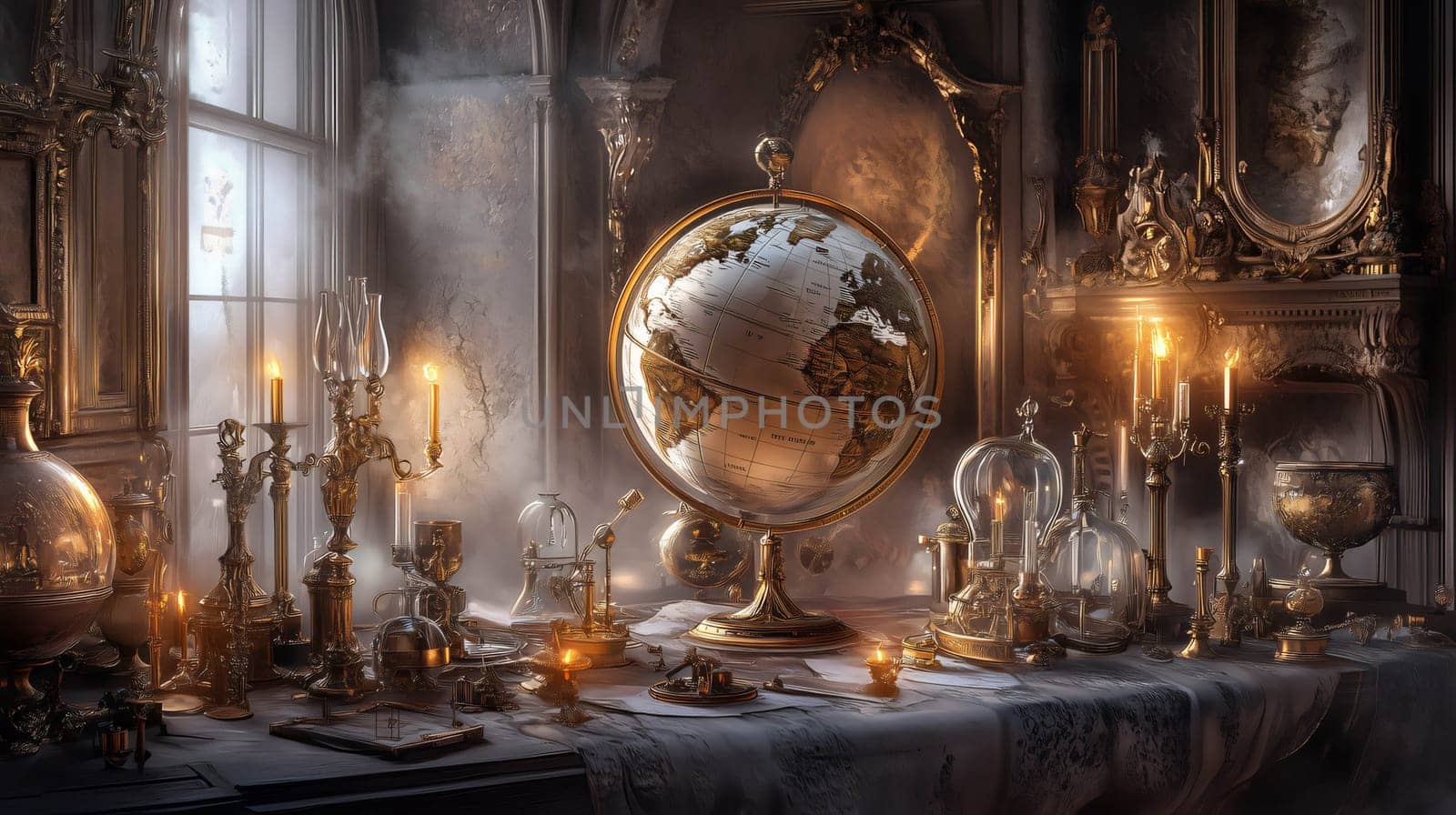 Ornate room with candles lit and an antique globe sitting on a table surrounded by vintage objects