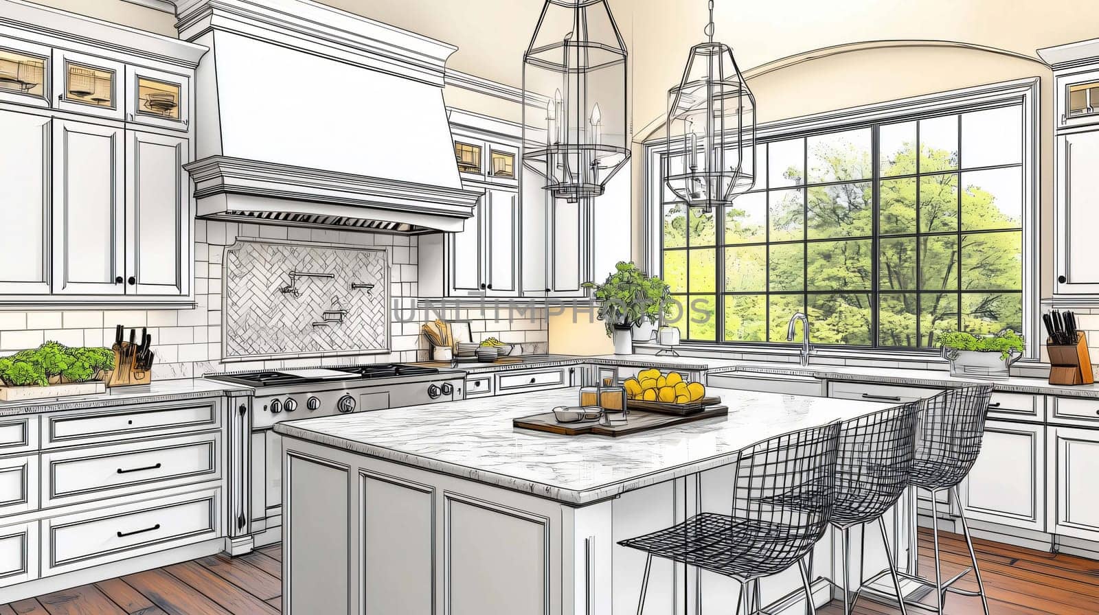 Kitchen design is being drawn over a photograph, showing white cabinets, marble countertops, and hardwood floors