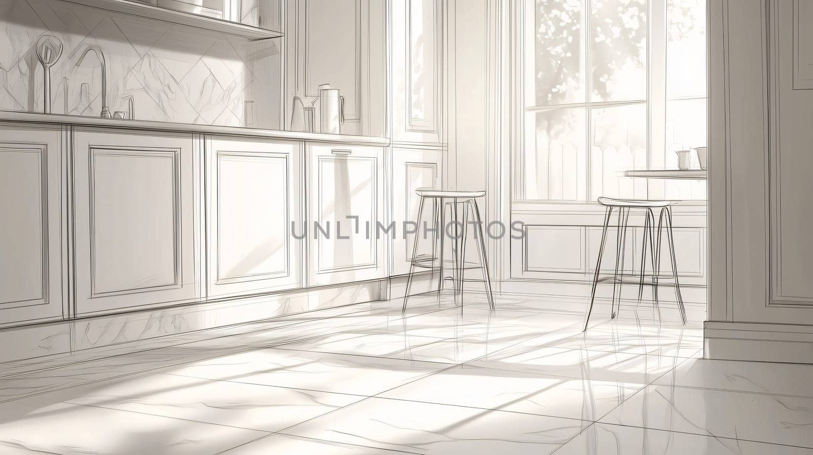 Sunlight illuminating a classic white marble kitchen design drawing