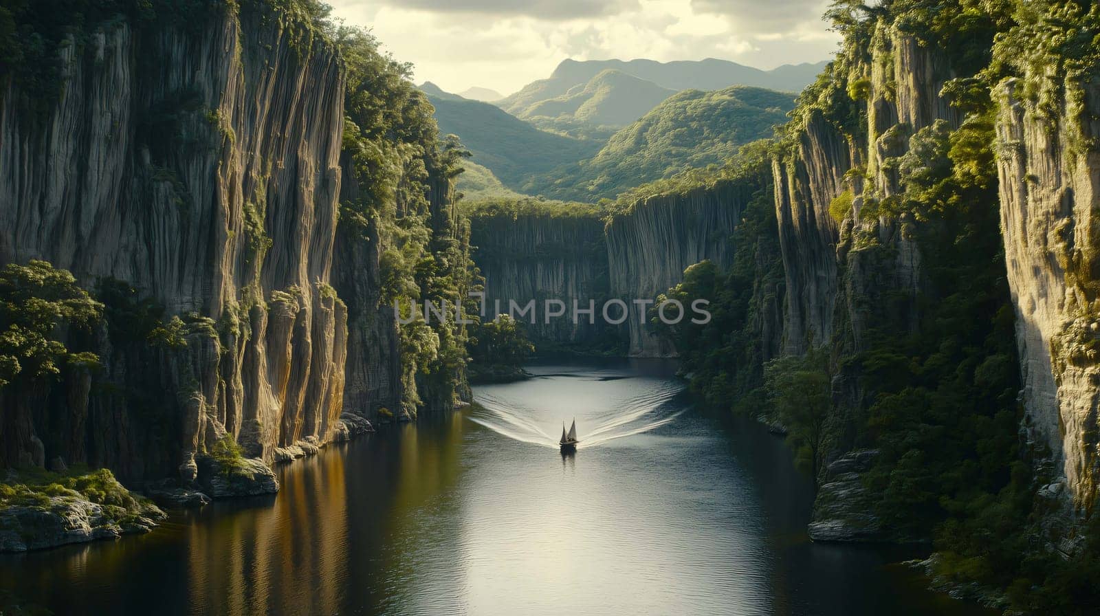 Lone sailboat is peacefully navigating a serene river flowing through a breathtaking canyon adorned with towering cliffs and lush greenery
