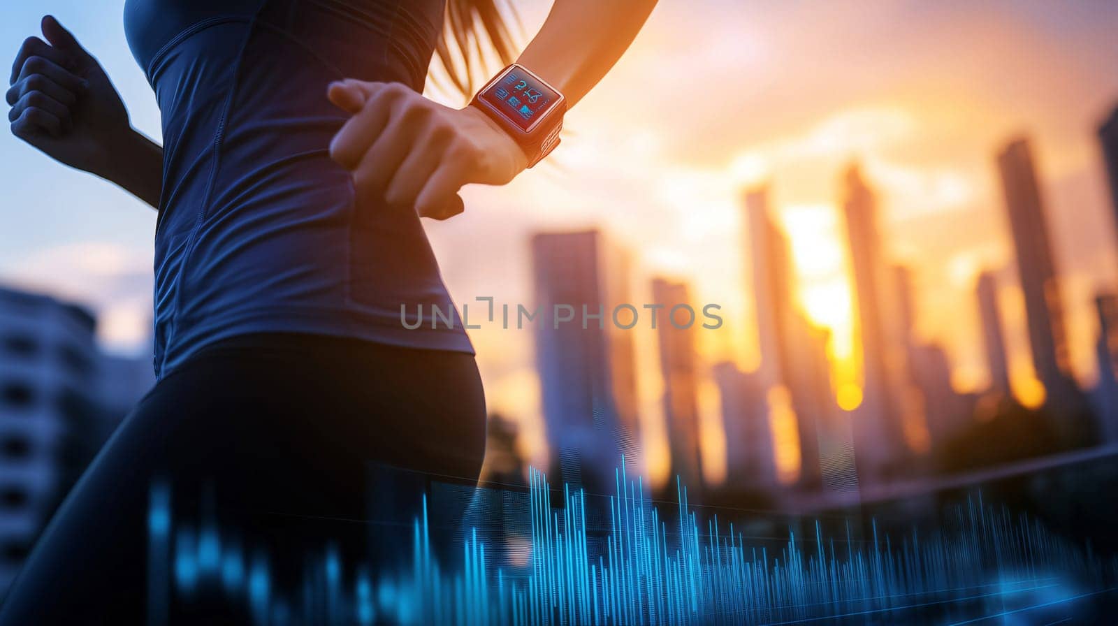 Woman is running in the city at sunset, tracking her performance on a smartwatch with a graph overlay