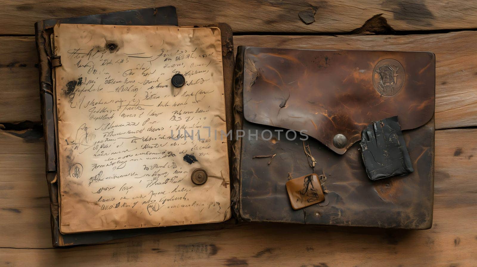 Two antique leather bound journals with metal accents and aged paper resting on a wooden table