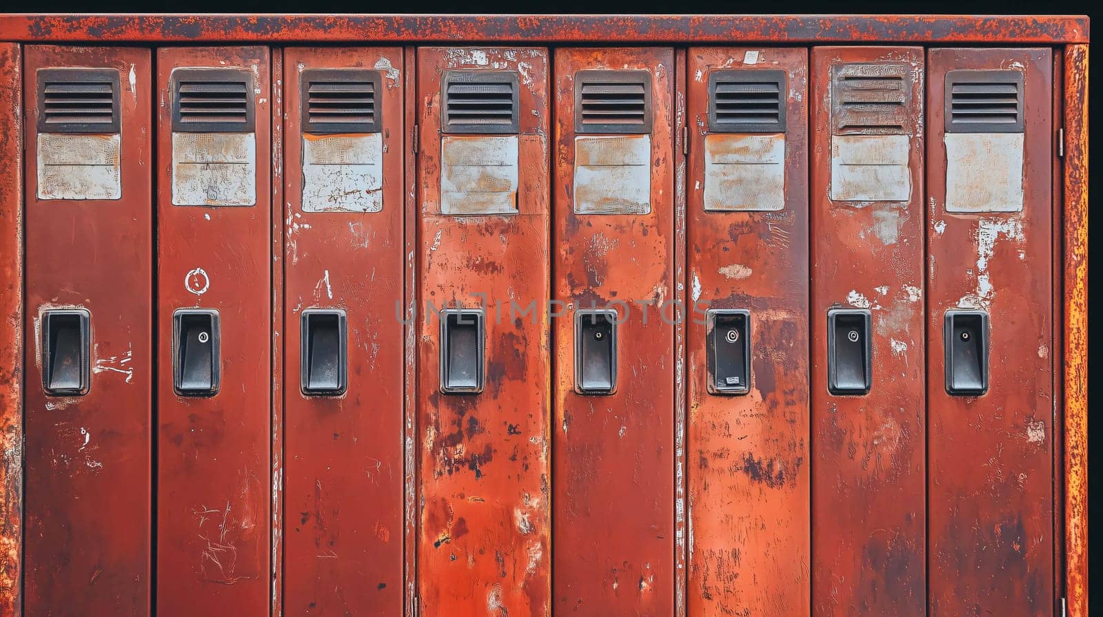 Row of old, rusty red lockers is showing its age, with peeling paint and dented surfaces