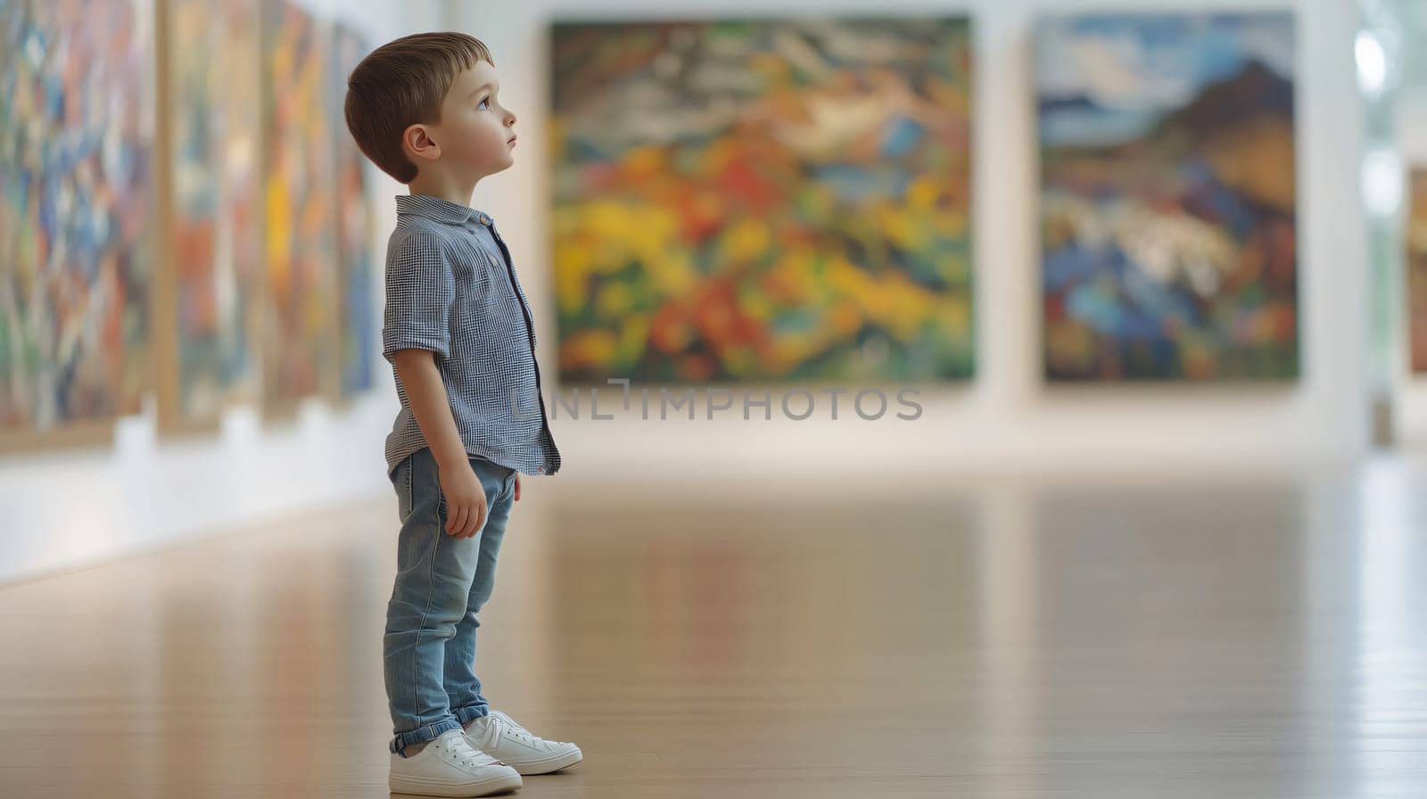Young boy is contemplating colorful abstract paintings in a museum