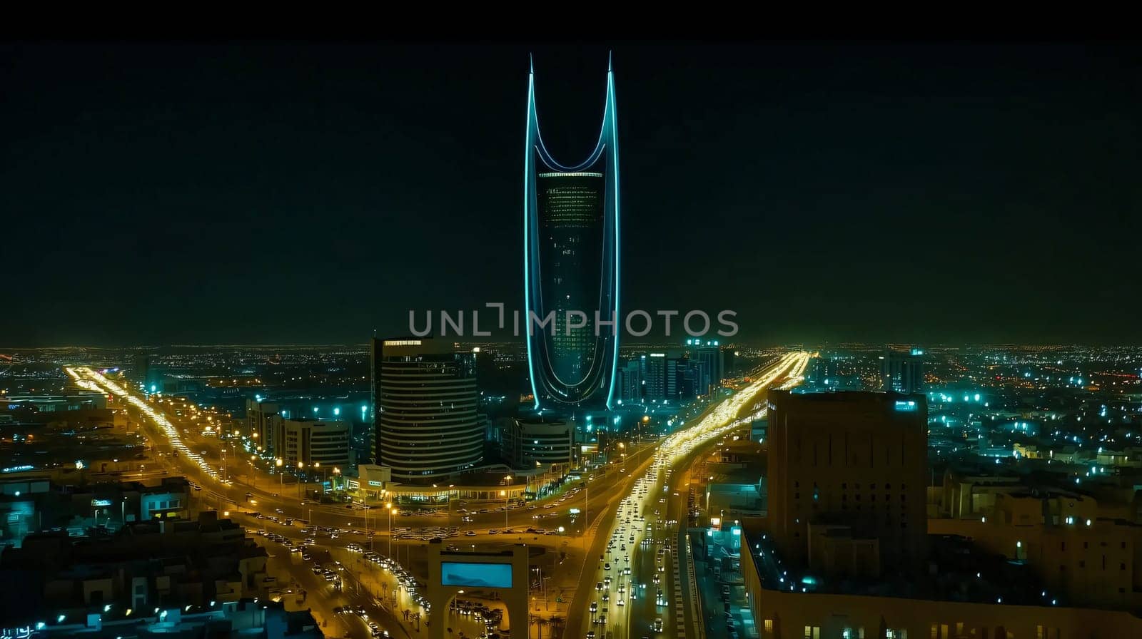 Aerial view of kuwait city's illuminated skyline at night, showcasing the impressive al hamra tower and bustling cityscape