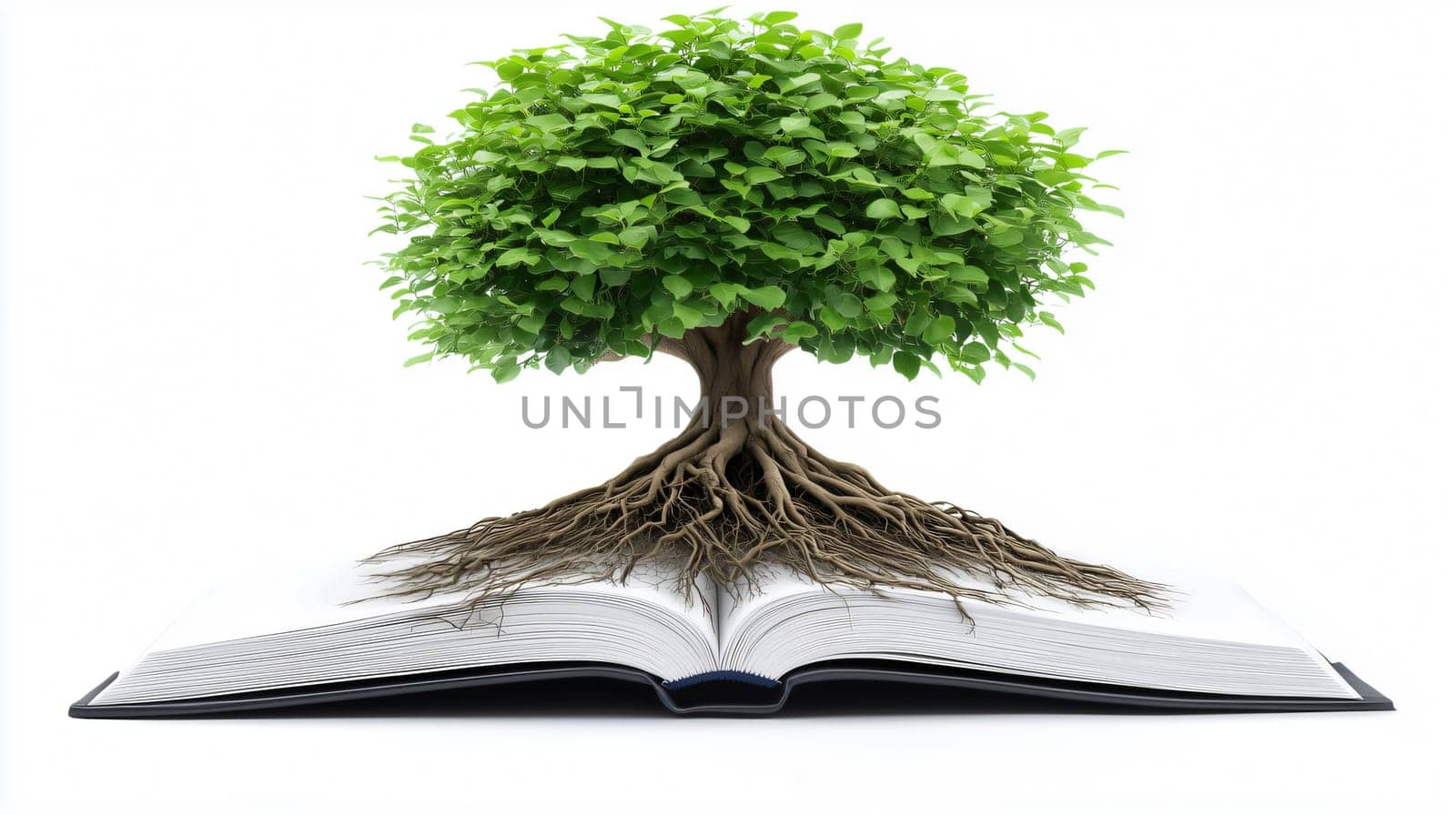 Lush green tree growing from an open book with its roots spreading across the pages on a white background