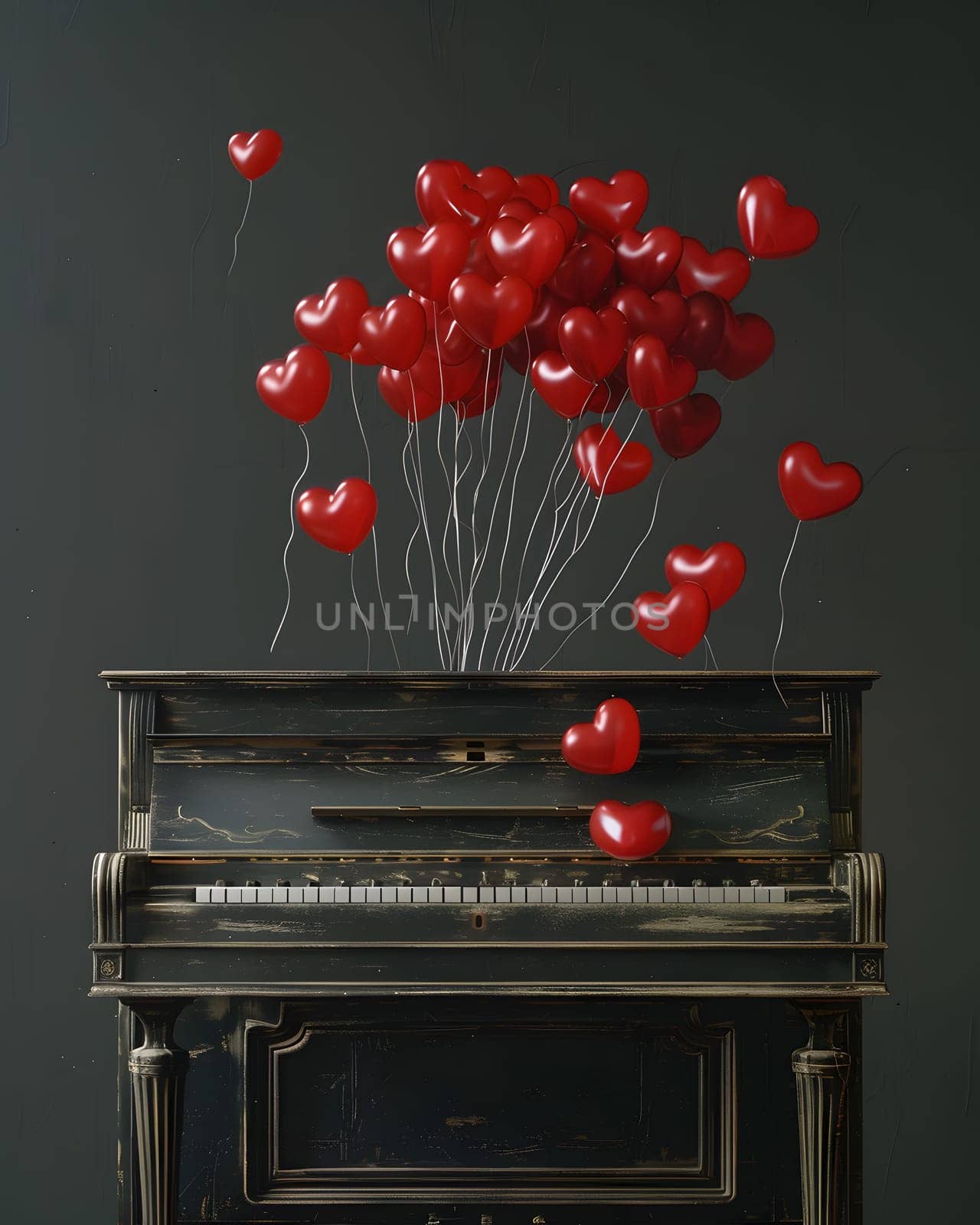 A grey piano is decorated with a flowerpot, vase, and a bunch of heartshaped red balloons. The musical instrument stands out in the room
