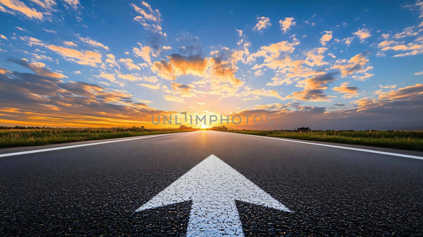 Arrow is painted on an asphalt country road leading towards a beautiful sunset