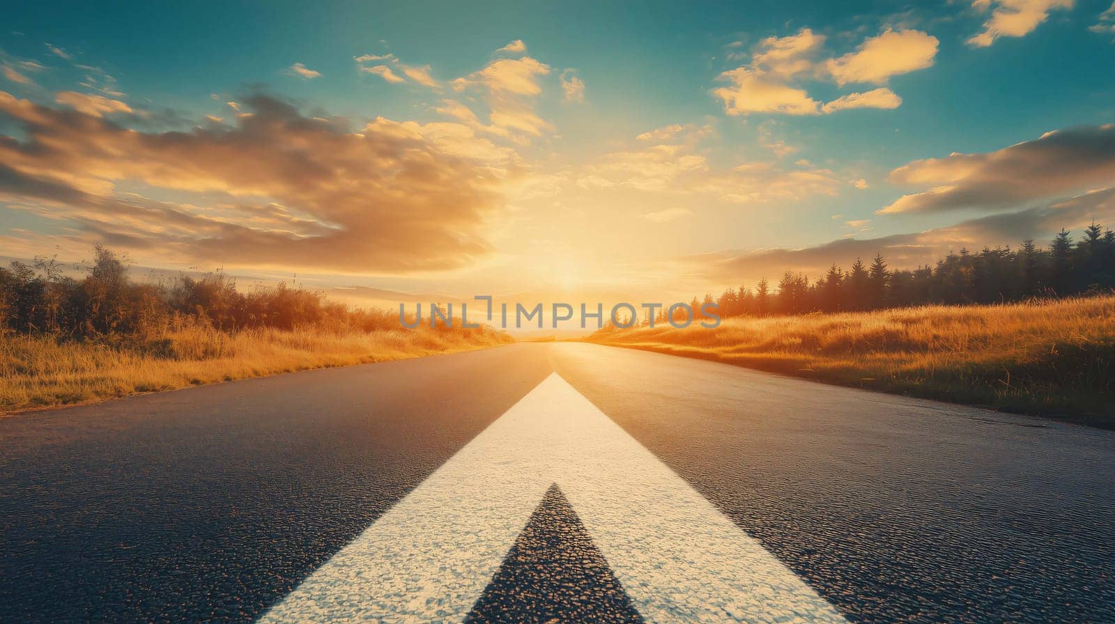 Empty asphalt road is leading to the horizon at sunset with beautiful clouds and sunbeams