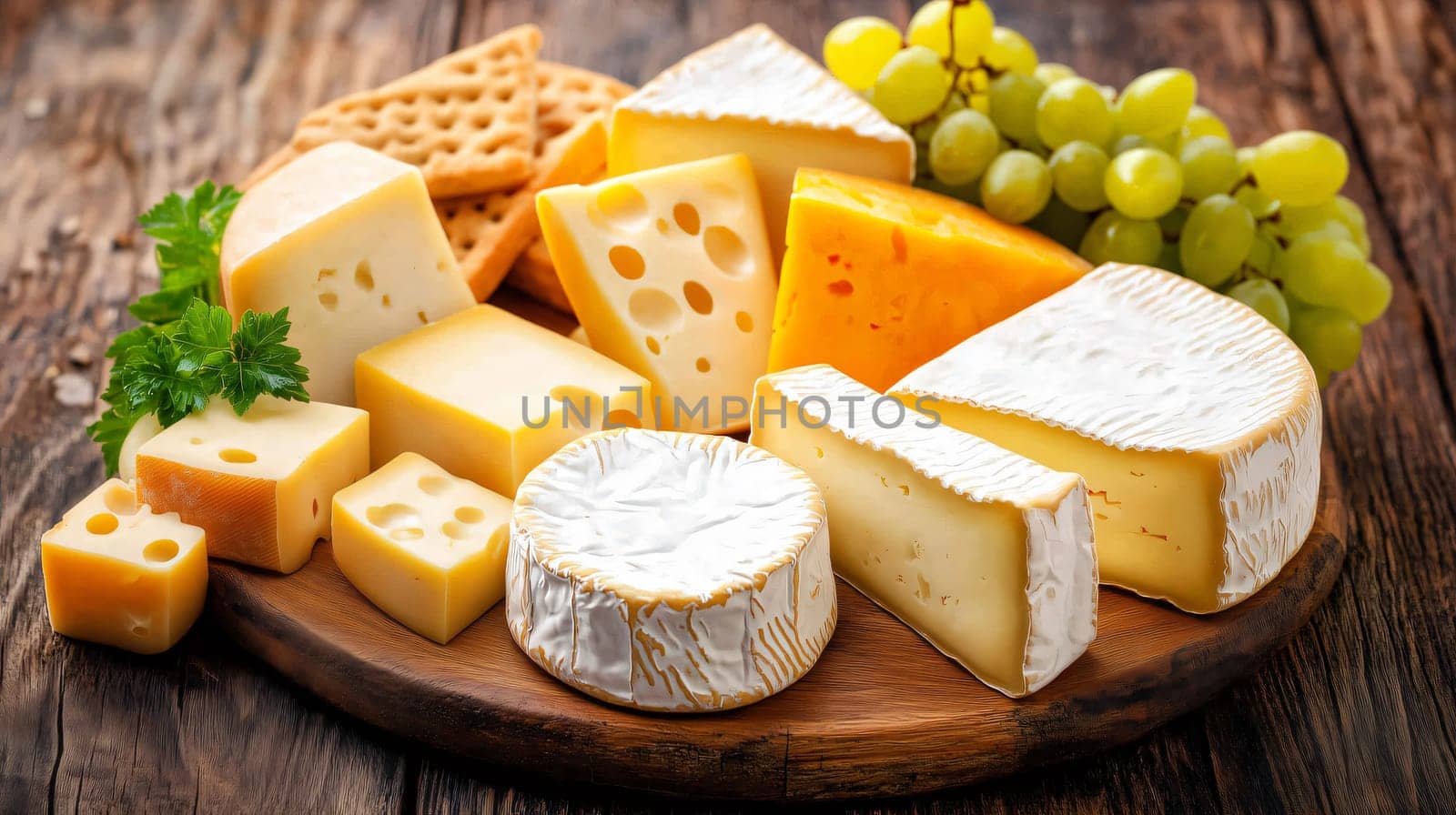 Assortment of french cheeses is arranged on a wooden cutting board, accompanied by fresh grapes and crackers