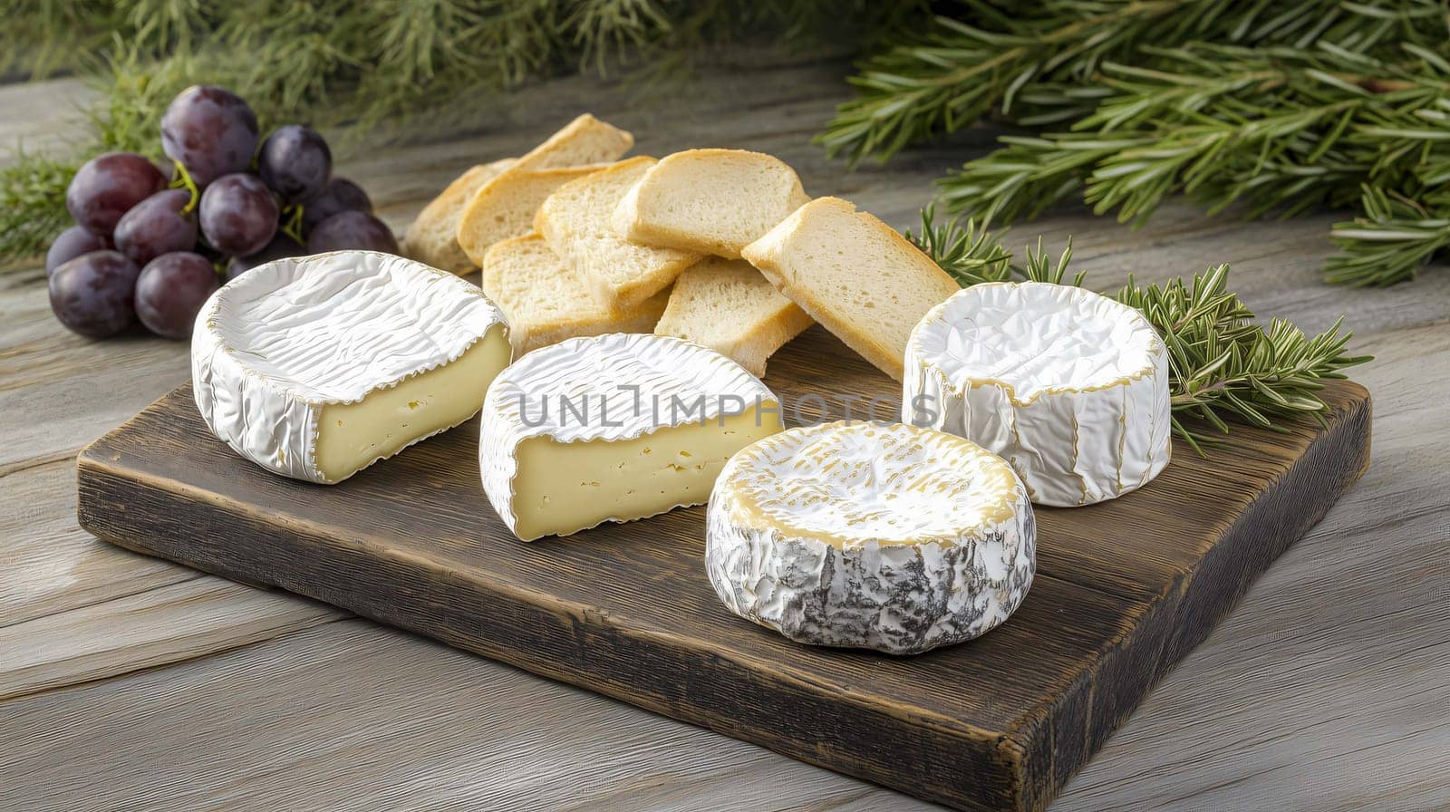 Composition featuring a selection of french cheeses, grapes, and bread on a rustic wooden board