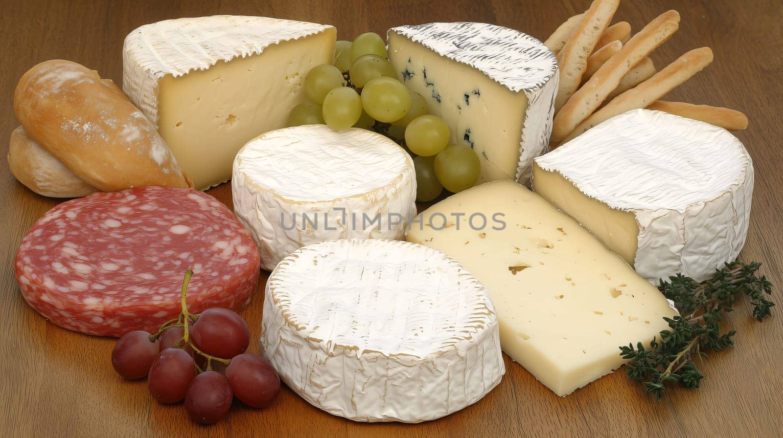 Assortment of delicious cheeses including brie, camembert and blue cheese are served on a wooden board with grapes, bread and saucisson