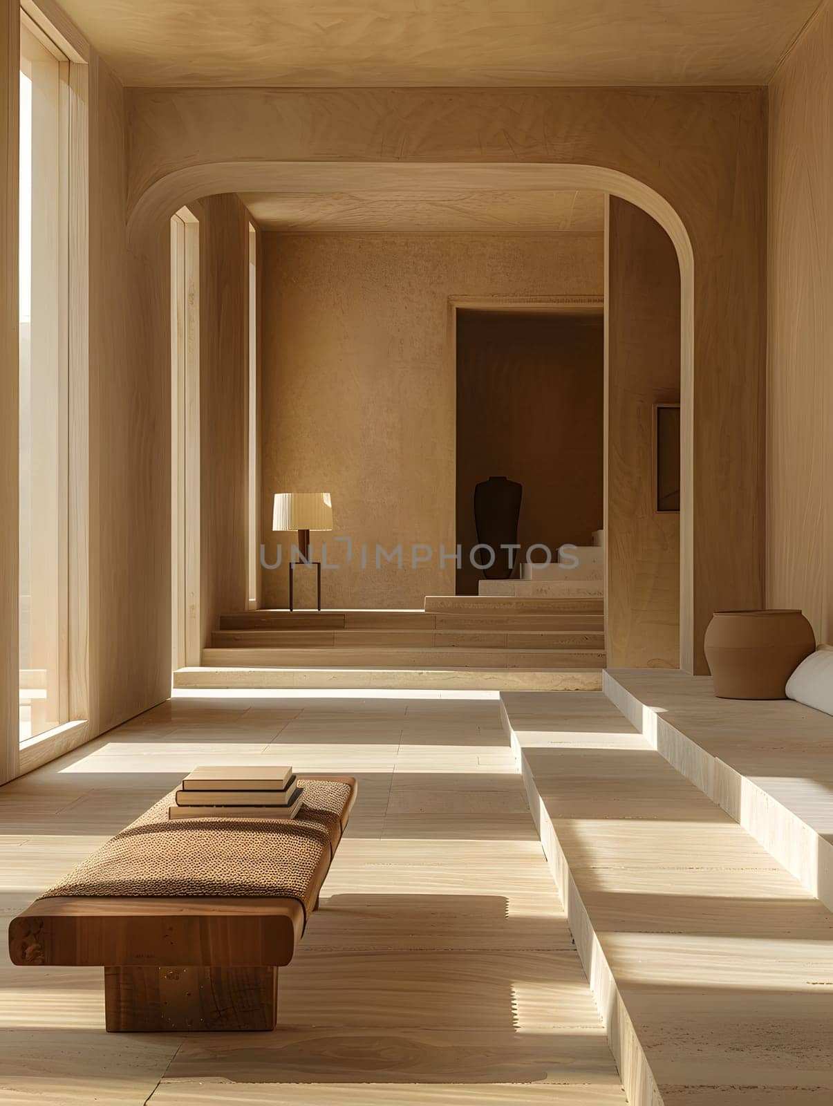 The property features a hardwood bench as a fixture in the middle of the hall, adding a touch of interior design to the woodstained flooring