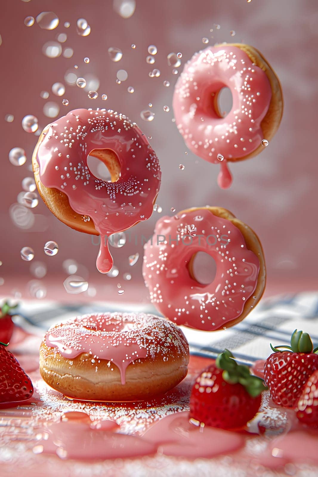 Three pink donuts topped with strawberries are being placed on a table. The combination of baked goods and fresh fruit creates a delicious treat that satisfies both sweet cravings and fruity desires