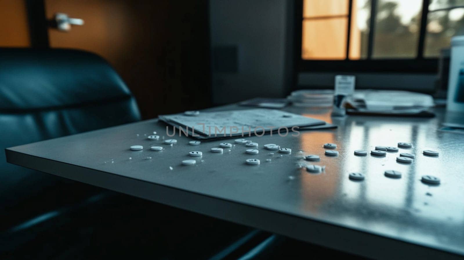 White prescription pills are scattered on a cold, sterile metal table in a medical office, suggesting an accidental spill or misuse