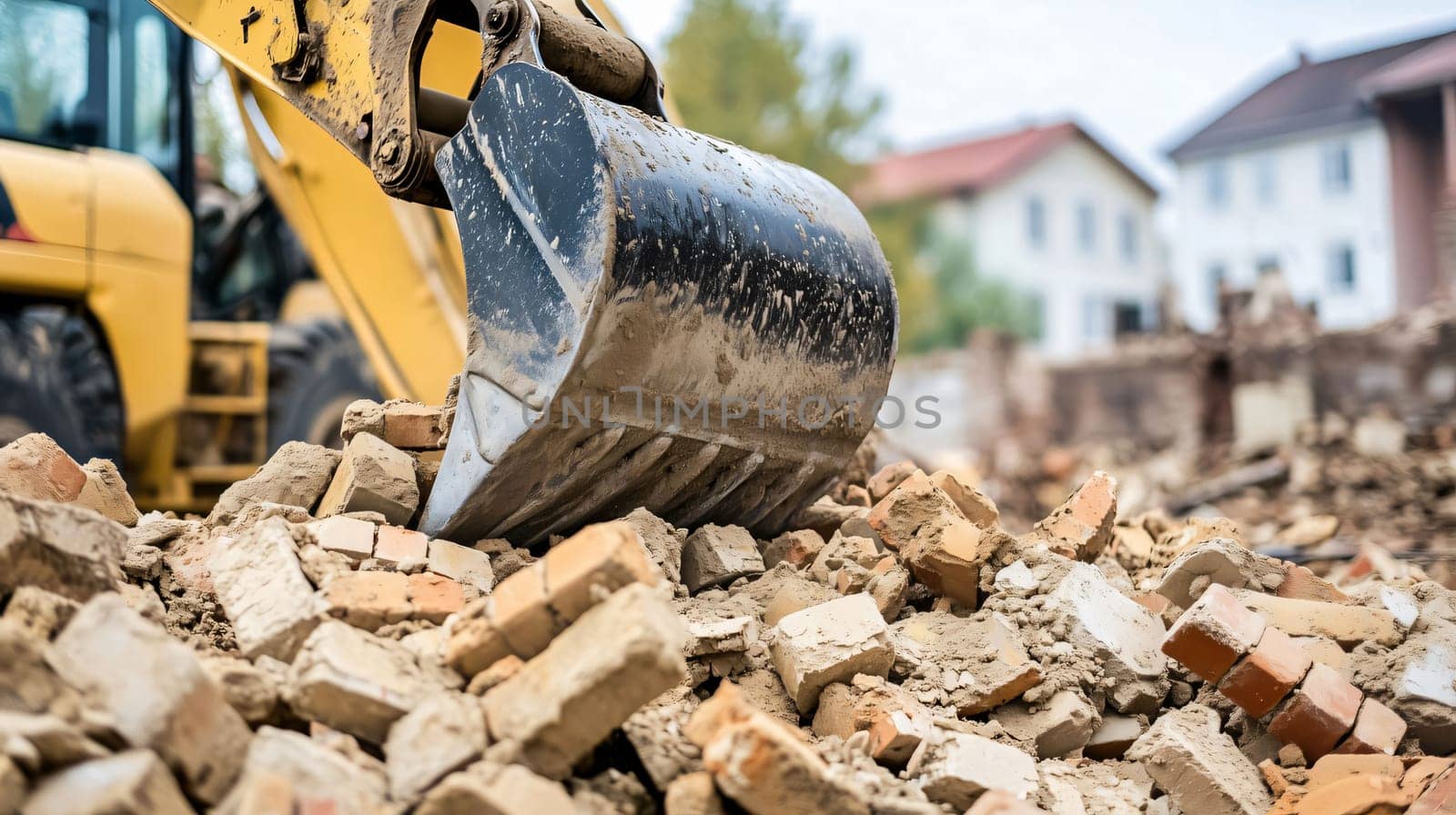 Excavator is demolishing a building, creating a large pile of rubble