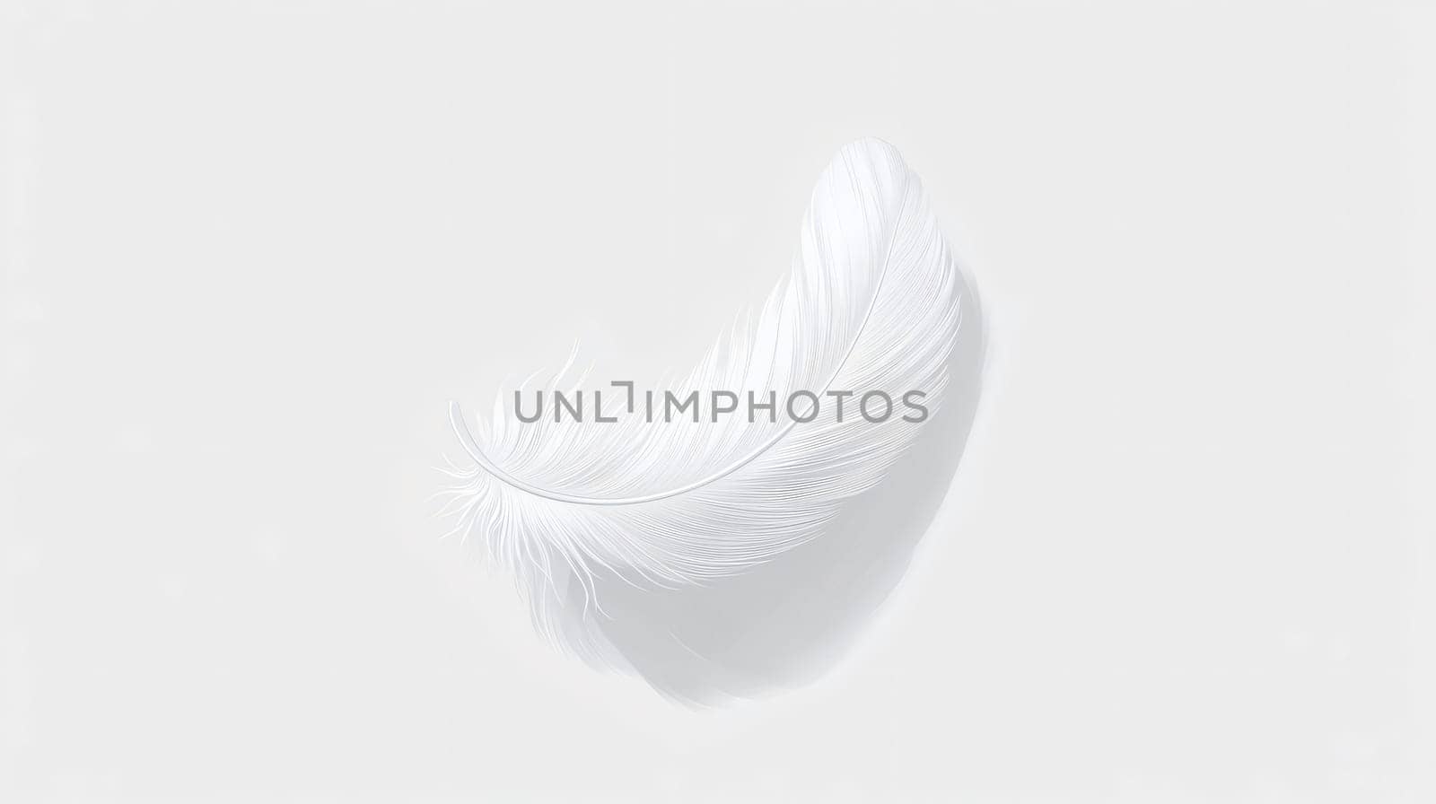 Single white feather is floating on a white background, creating a serene and minimalist composition