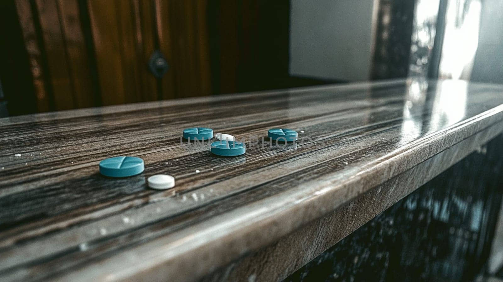 Several blue and white pills are lying on a wooden tabletop, suggesting the potential for addiction, overdose, or other health concerns
