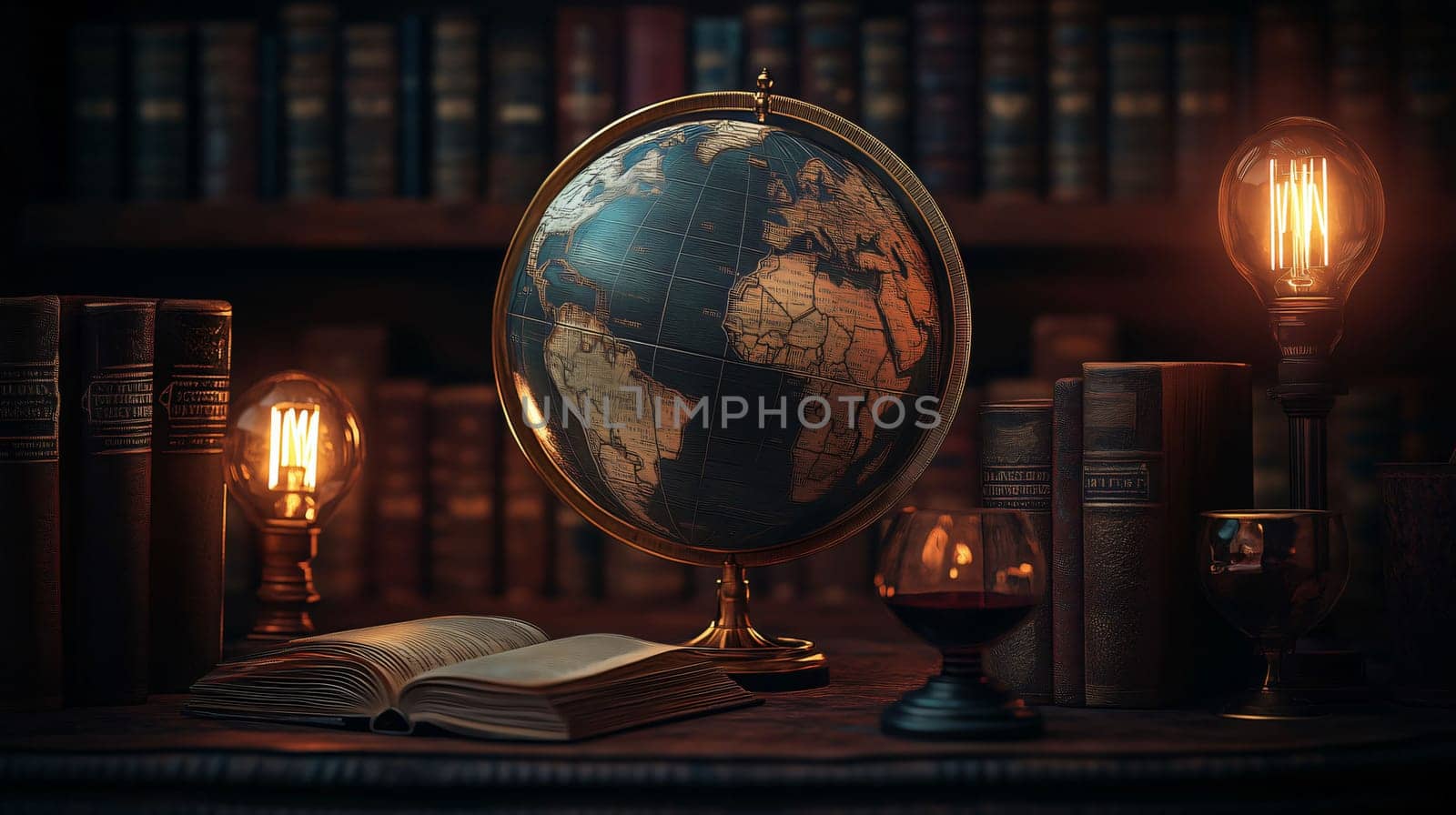 Vintage globe is surrounded by old books, a glass of wine and antique lamps in a library