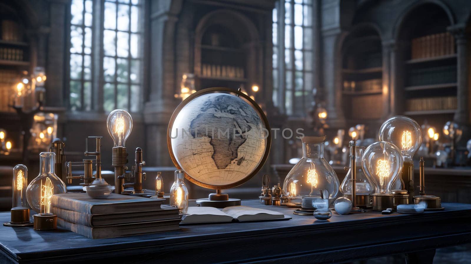 Old globe is sitting on a vintage desk surrounded by illuminated light bulbs in an antique library