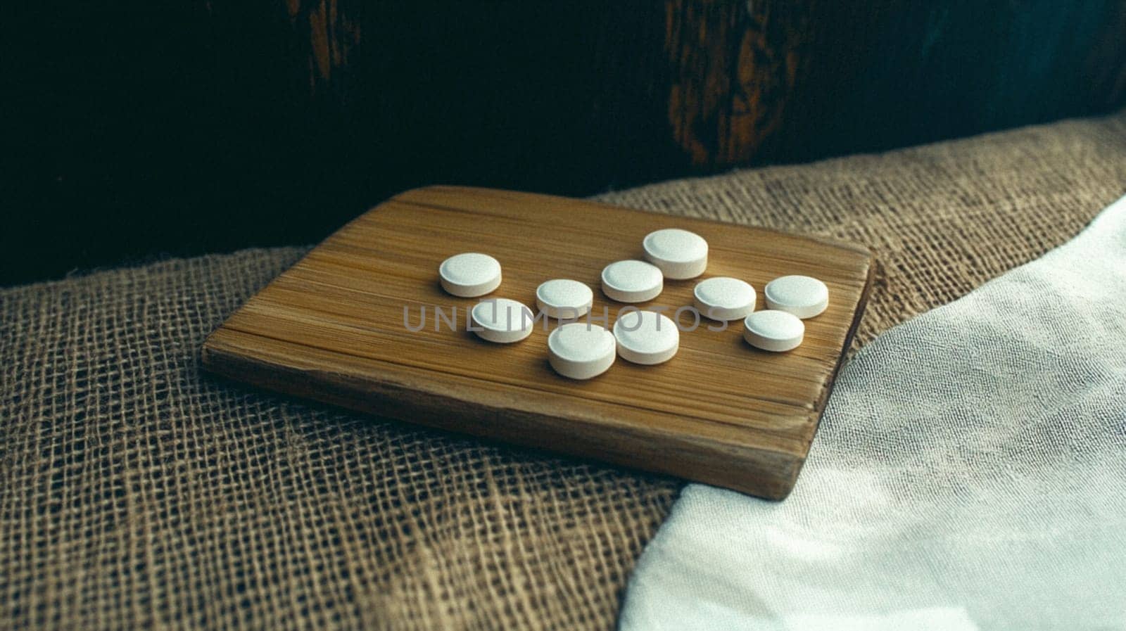 Round white pills are lying on a wooden cutting board on a table covered with a rough tablecloth, creating a simple yet dramatic scene