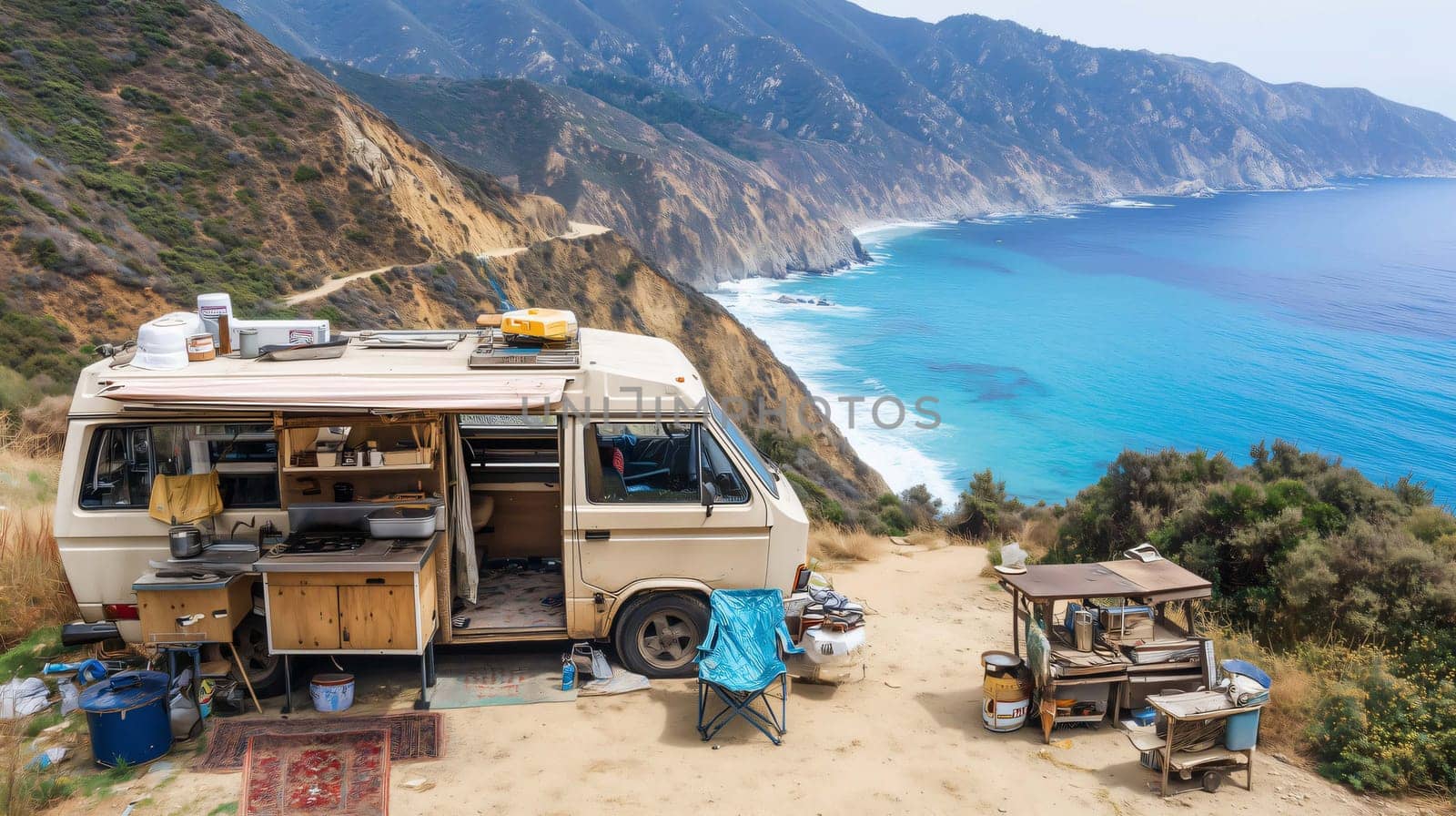 Volkswagen camper van is parked on a cliffside overlooking the pacific ocean in california