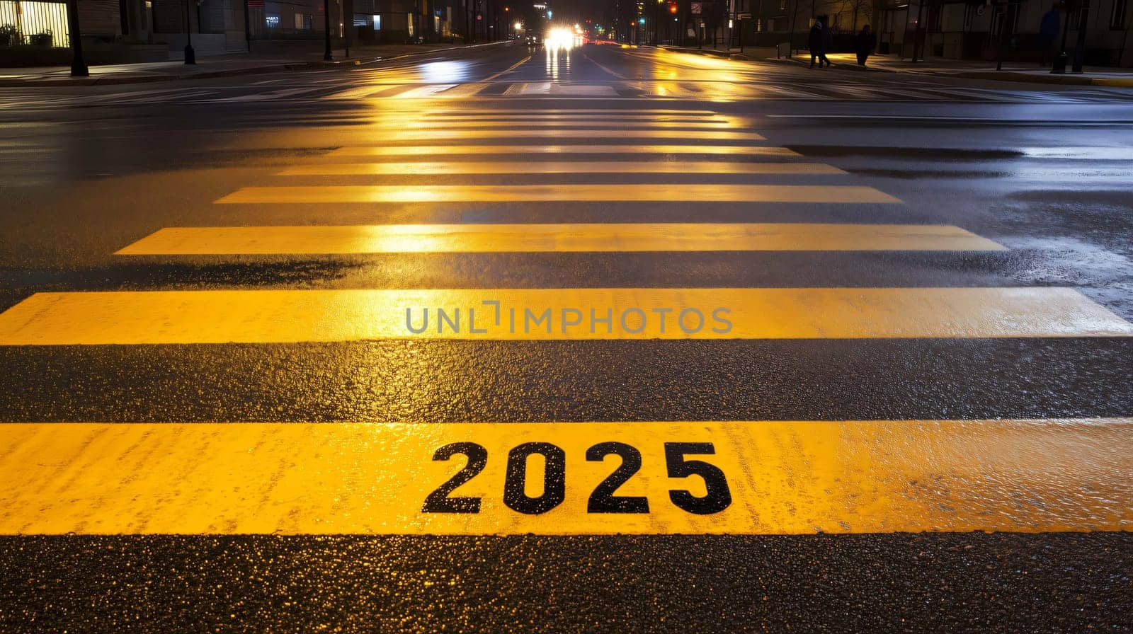 Yellow pedestrian crossing on a wet asphalt road at night leading to the year 2025