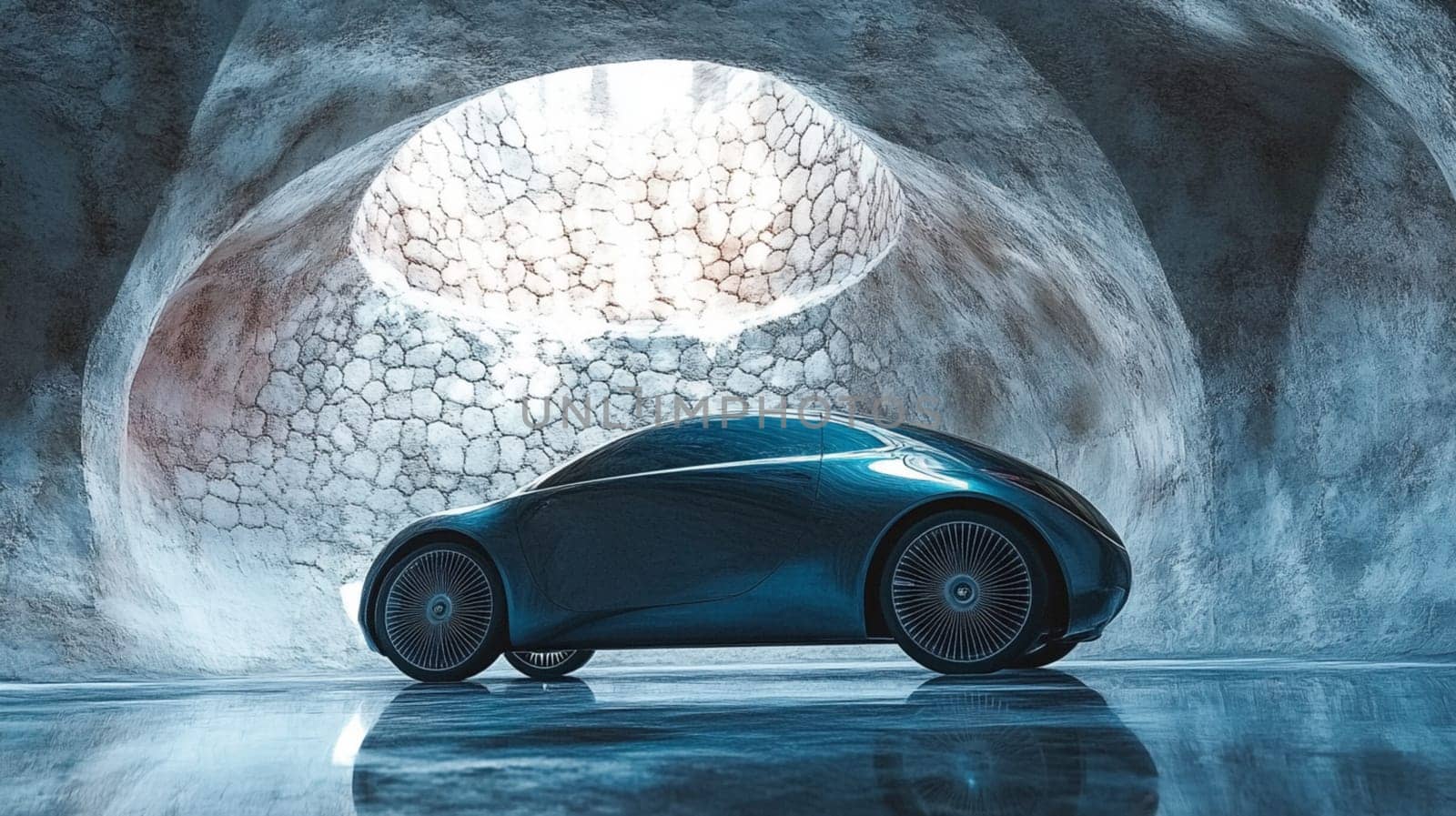Modern electric car in a minimalist garage with a round skylight, reflecting style and innovation. Urban luxury and eco friendly tech shine in this sleek, empty space
