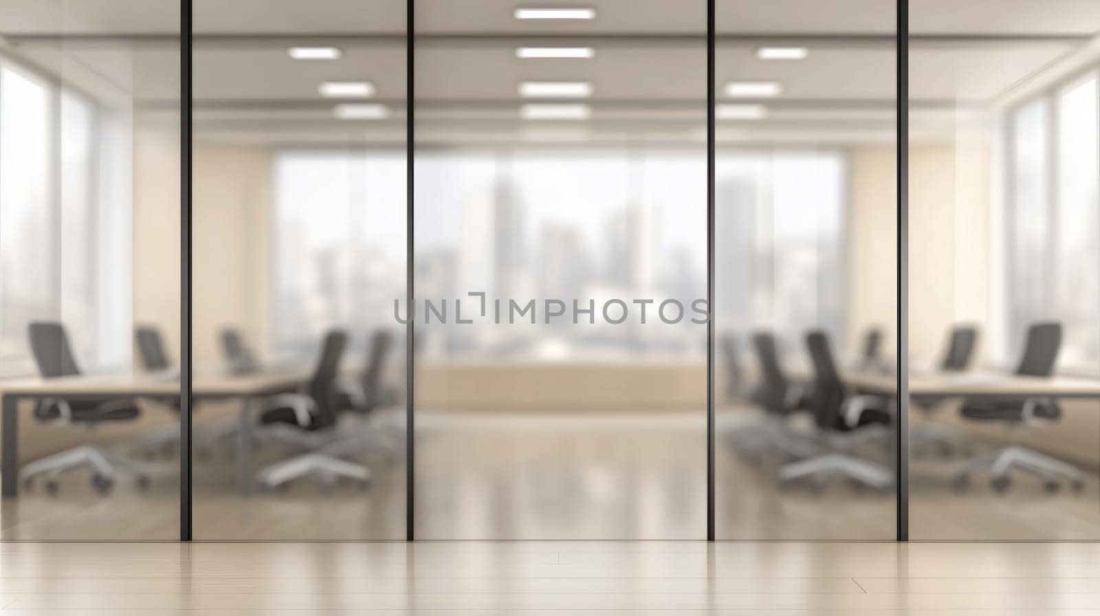 Blurred office interior with glass walls providing a view of a city skyline