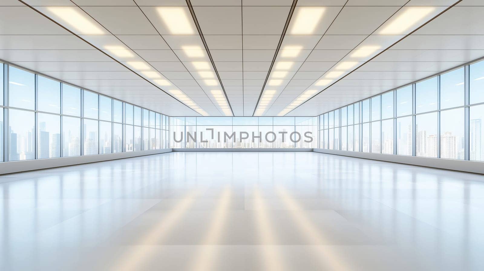 Sunlight reflecting on a white floor in an empty modern office with a blurred cityscape in the background