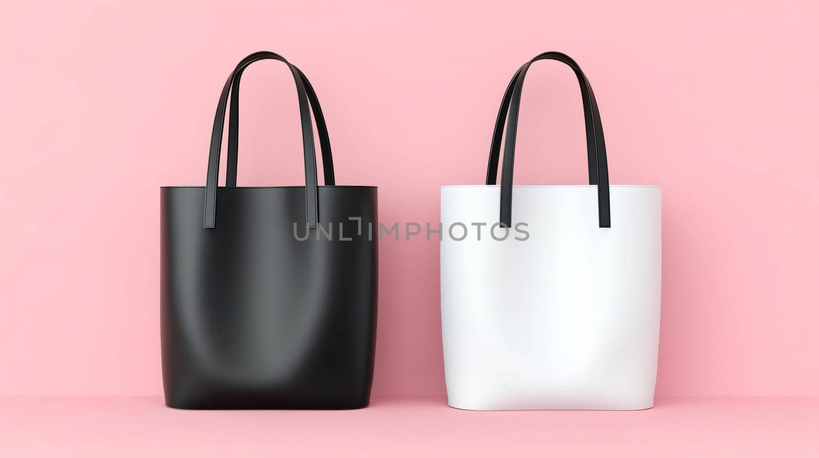 Two shopping bags standing on a pink background, a blank mockup ideal for showcasing your designs
