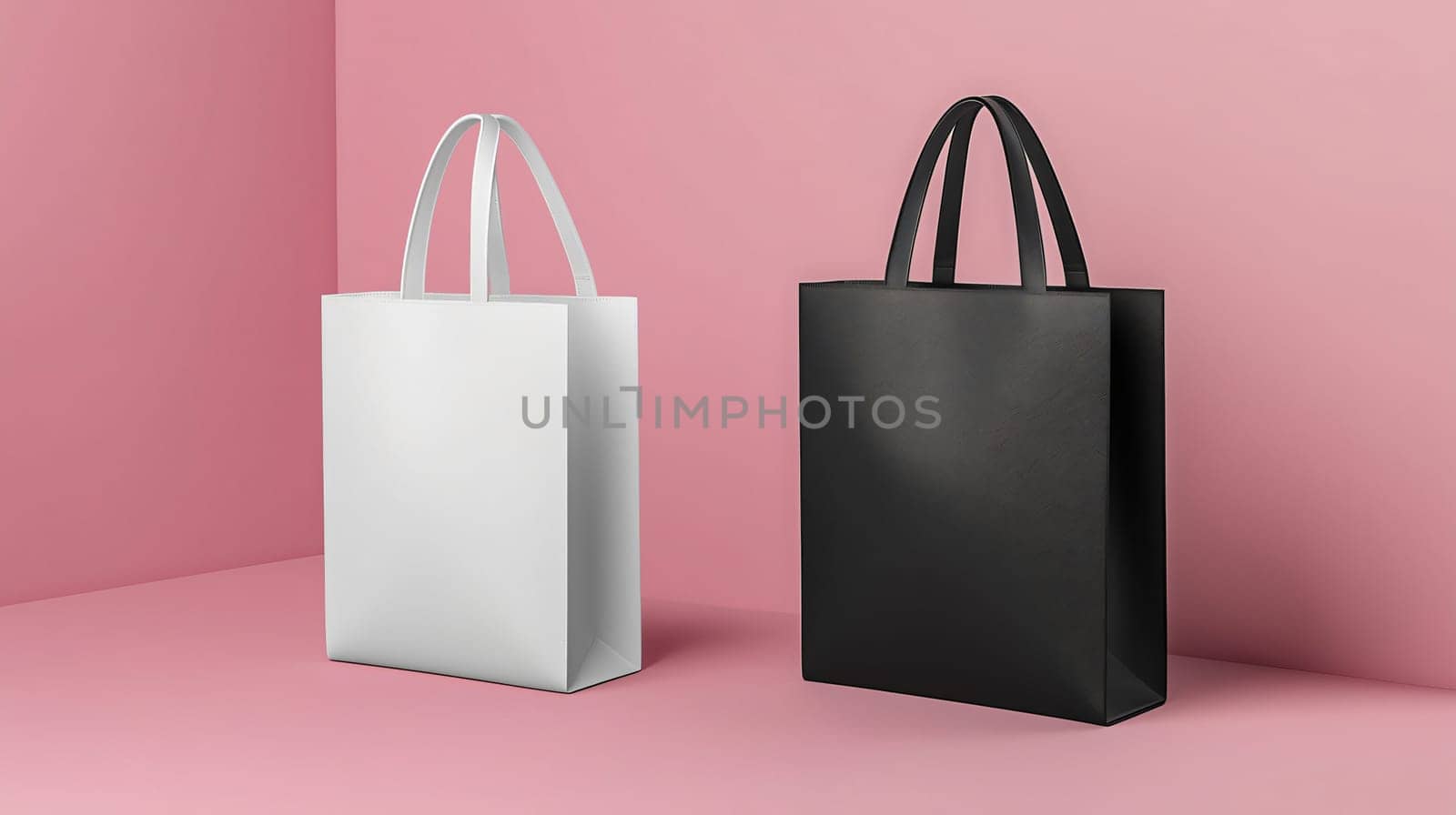 Two shopping bags standing on pink background, visual for retail, online shopping or branding