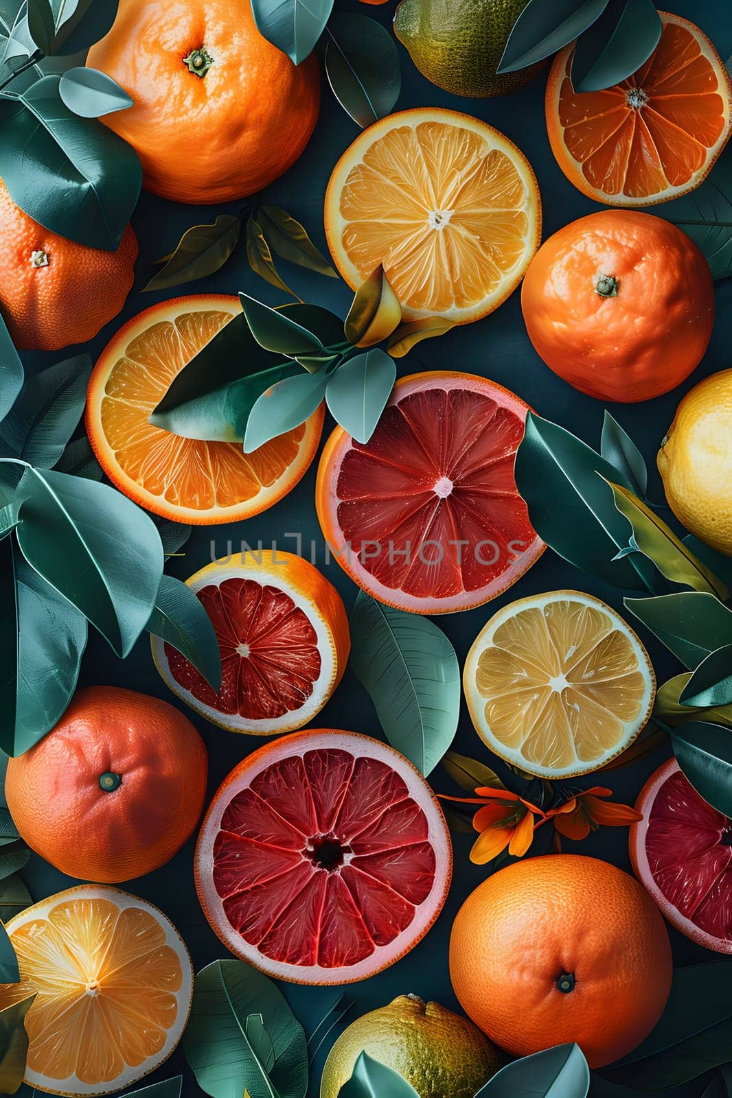 A variety of citrus fruits, including Clementines, Rangpurs, Tangelos, and Valencia oranges, are displayed on the green table