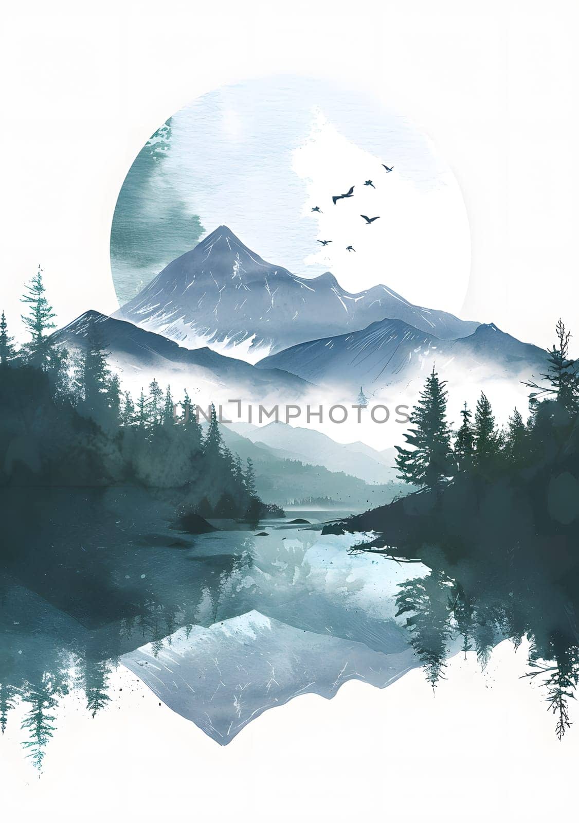 Peaceful mountain scene with reflections in clear water and soaring birds