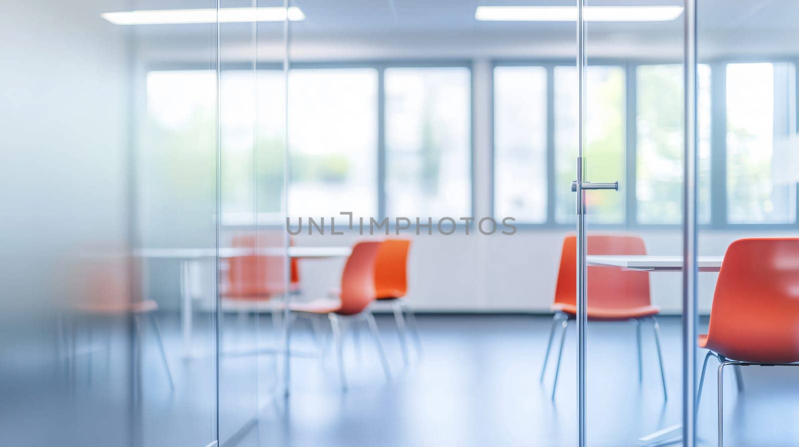 Blurred view of an empty modern open plan office interior with glass walls showing a meeting room